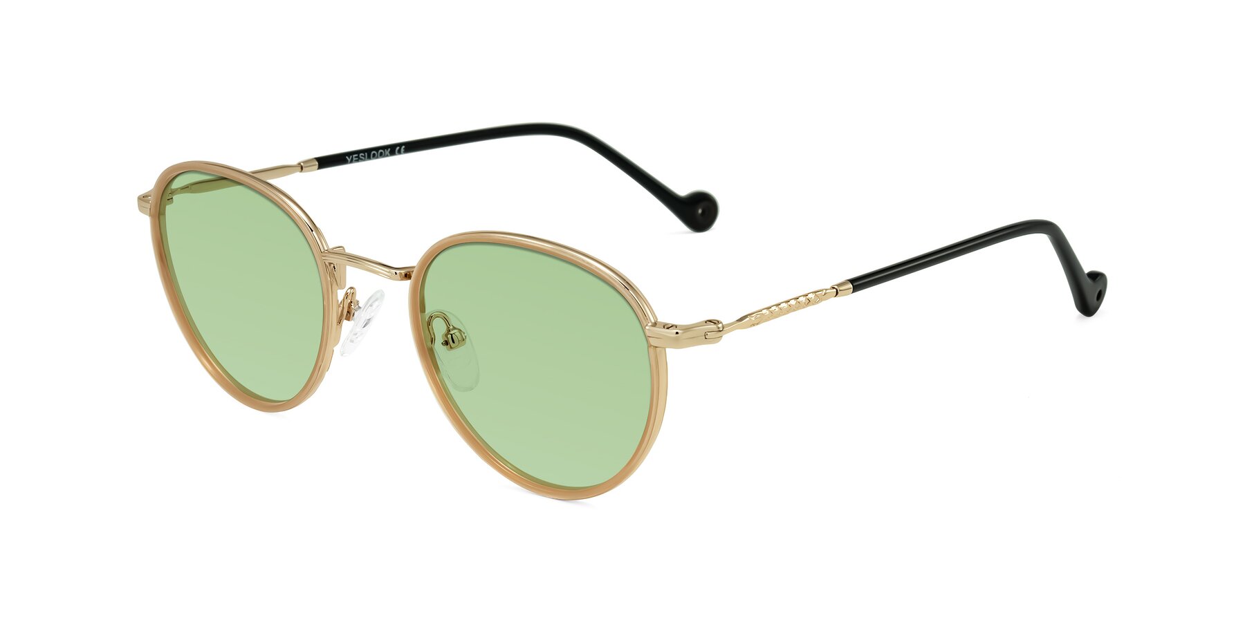 Angle of Hoosen in Beige/Gold with Medium Green Tinted Lenses