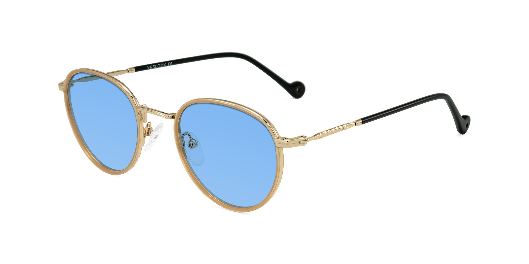 Angle of Hoosen in Beige/Gold with Medium Blue Tinted Lenses