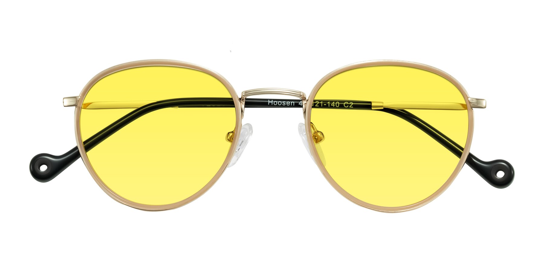 Folded Front of Hoosen in Beige/Gold with Medium Yellow Tinted Lenses