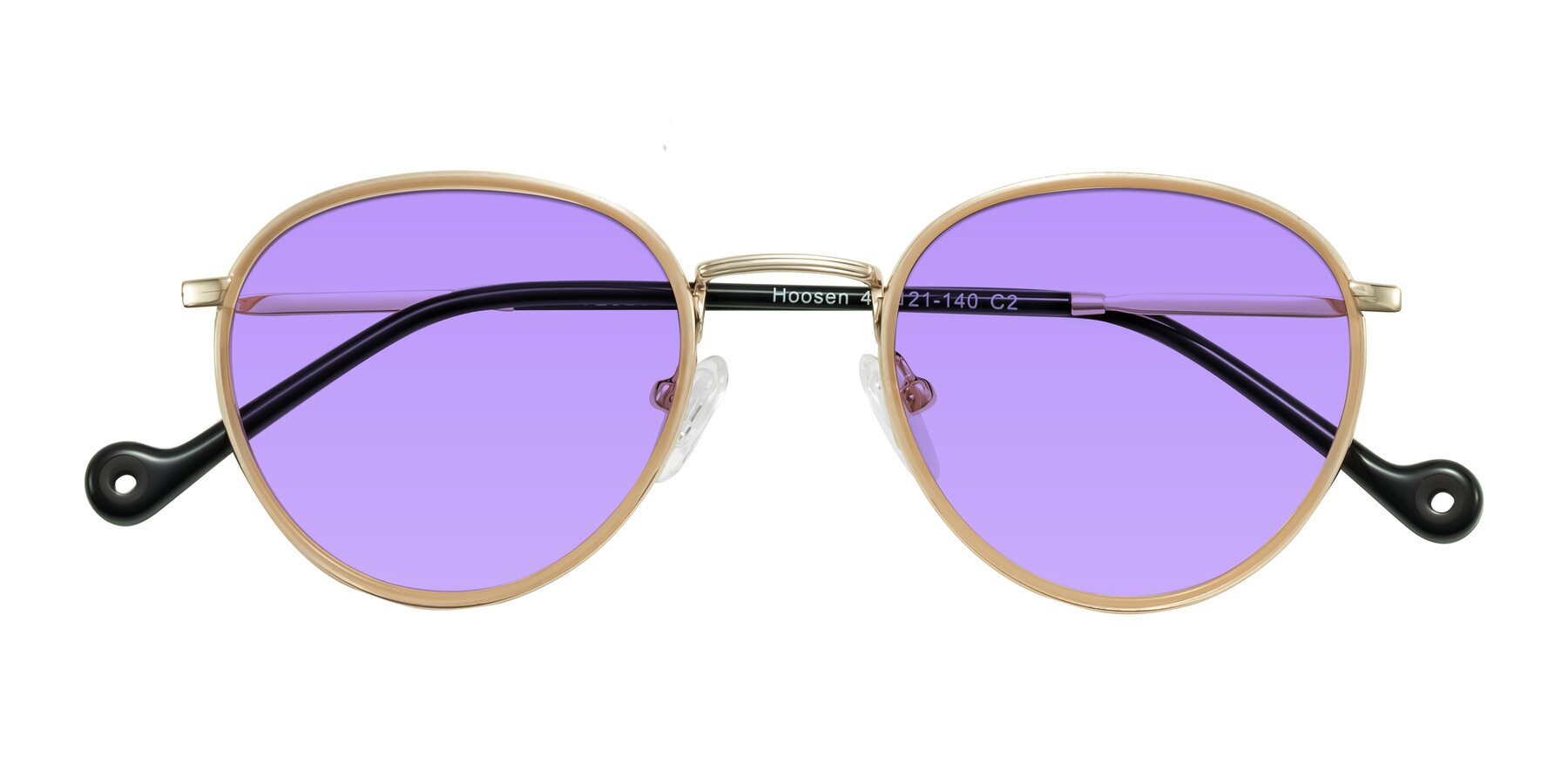 Folded Front of Hoosen in Beige/Gold with Medium Purple Tinted Lenses