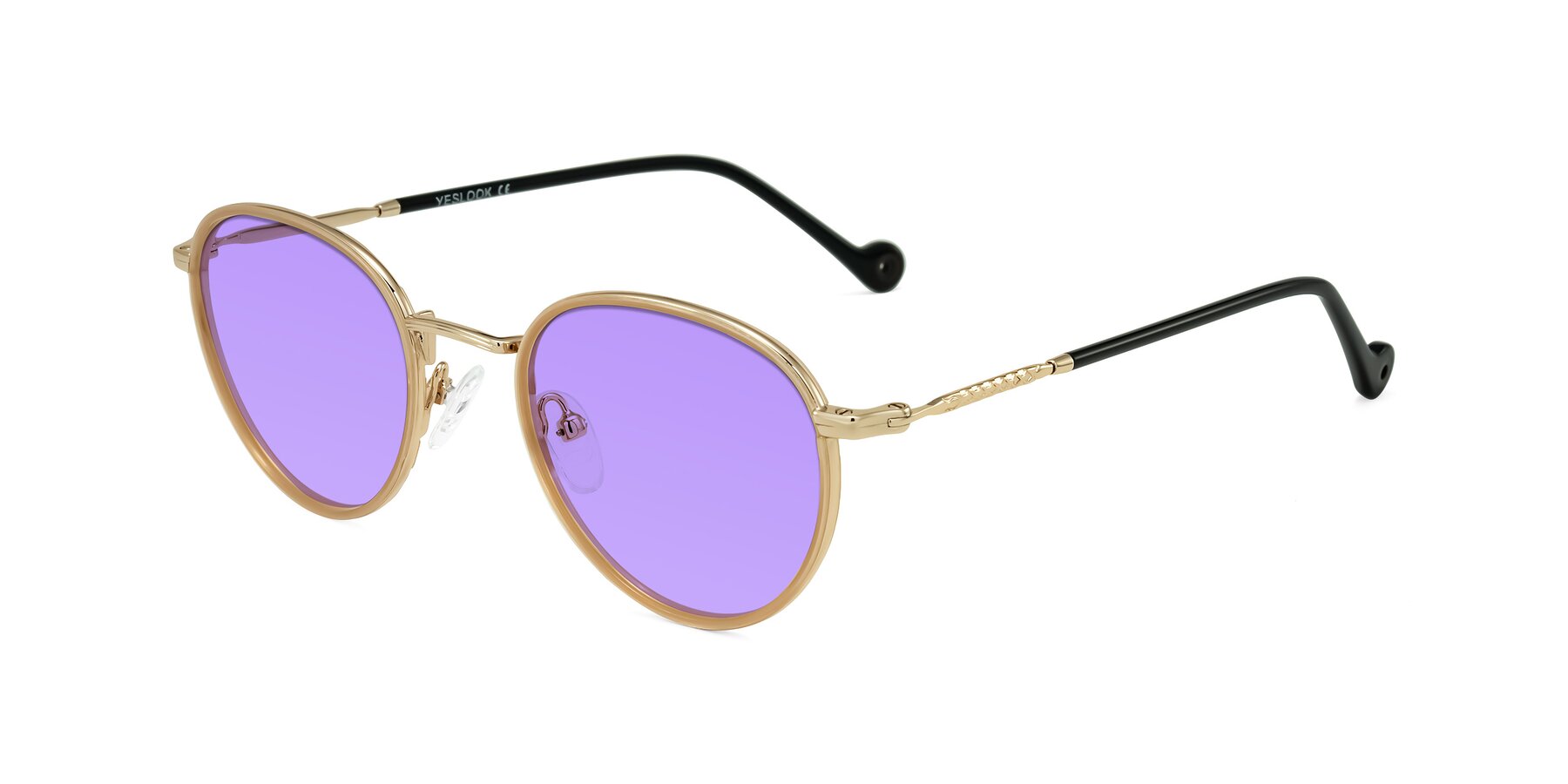 Angle of Hoosen in Beige/Gold with Medium Purple Tinted Lenses