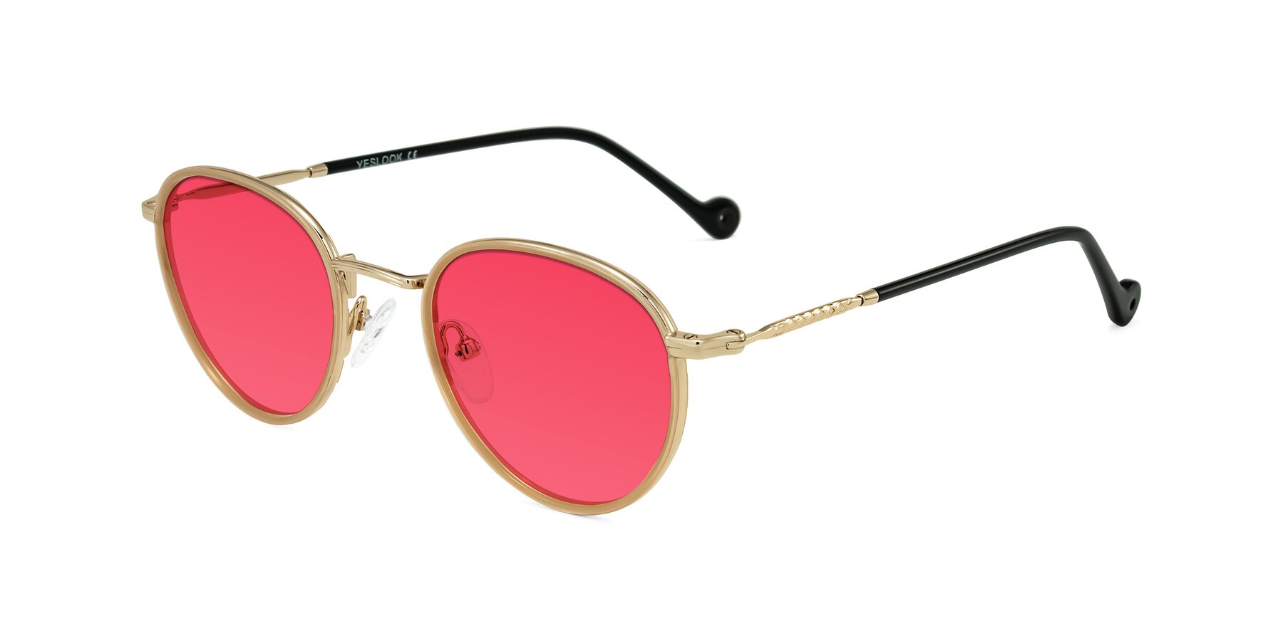 Angle of Hoosen in Beige/Gold with Red Tinted Lenses