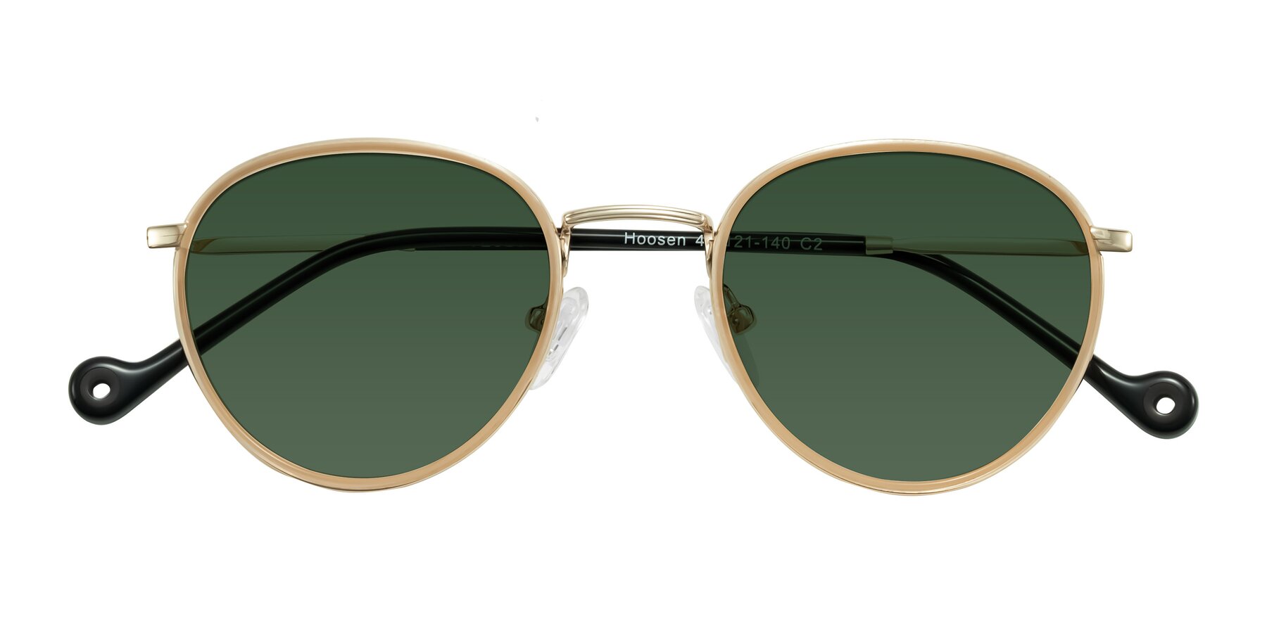 Folded Front of Hoosen in Beige/Gold with Green Tinted Lenses