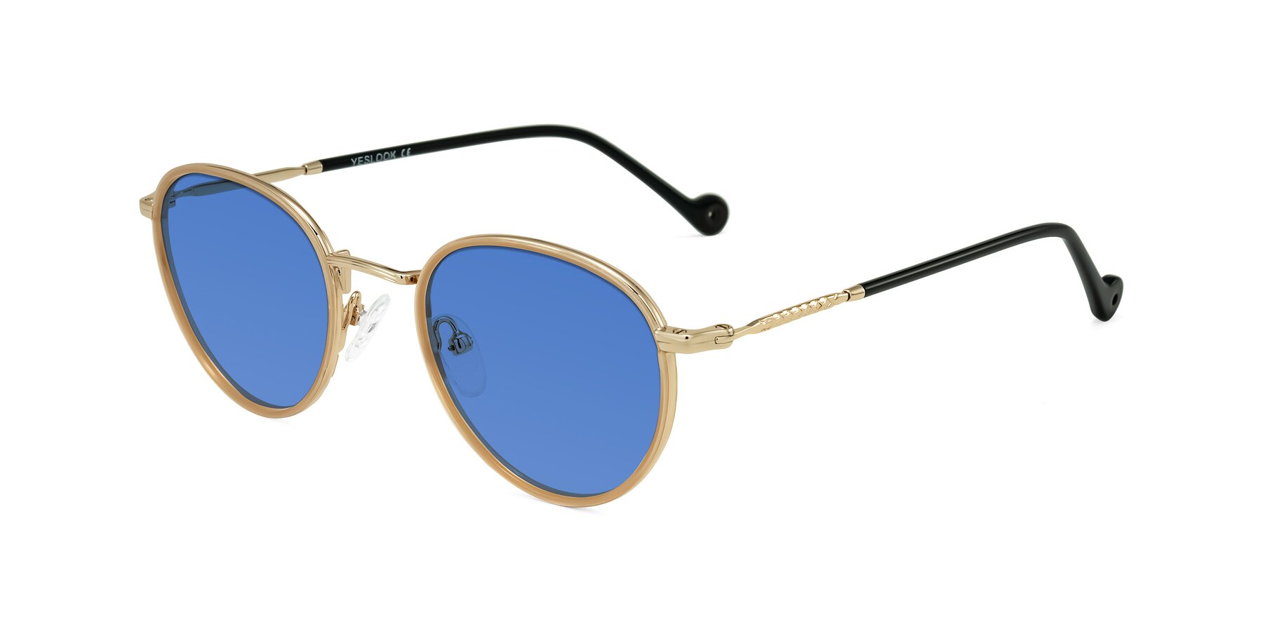 Angle of Hoosen in Beige/Gold with Blue Tinted Lenses