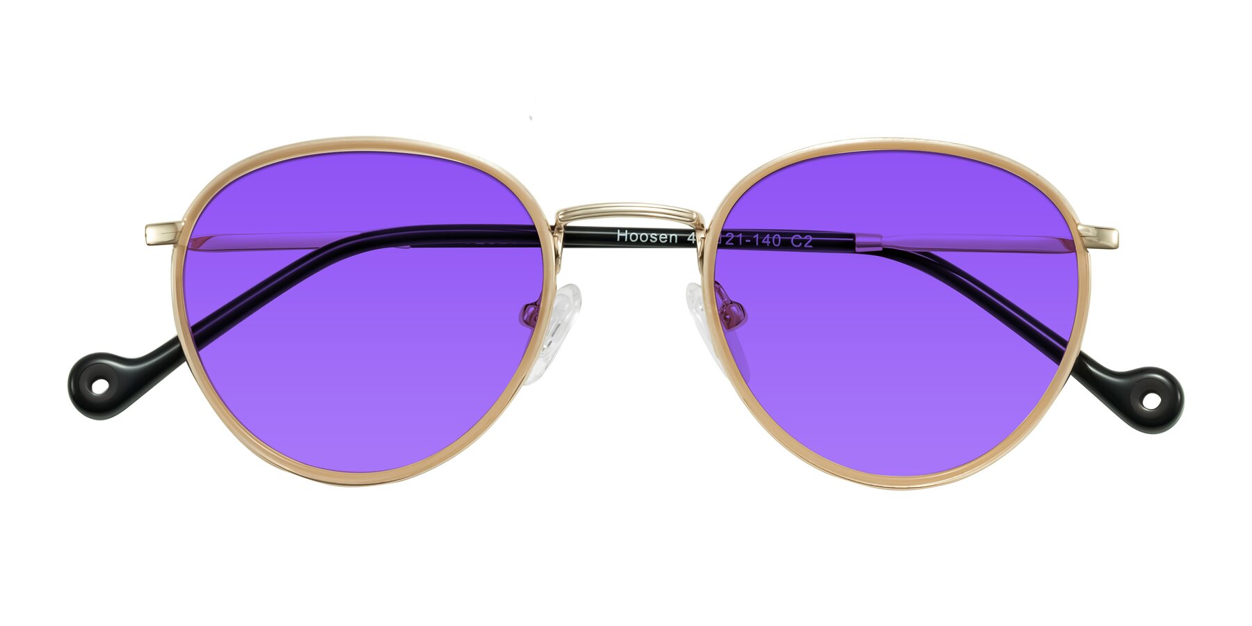Folded Front of Hoosen in Beige/Gold with Purple Tinted Lenses