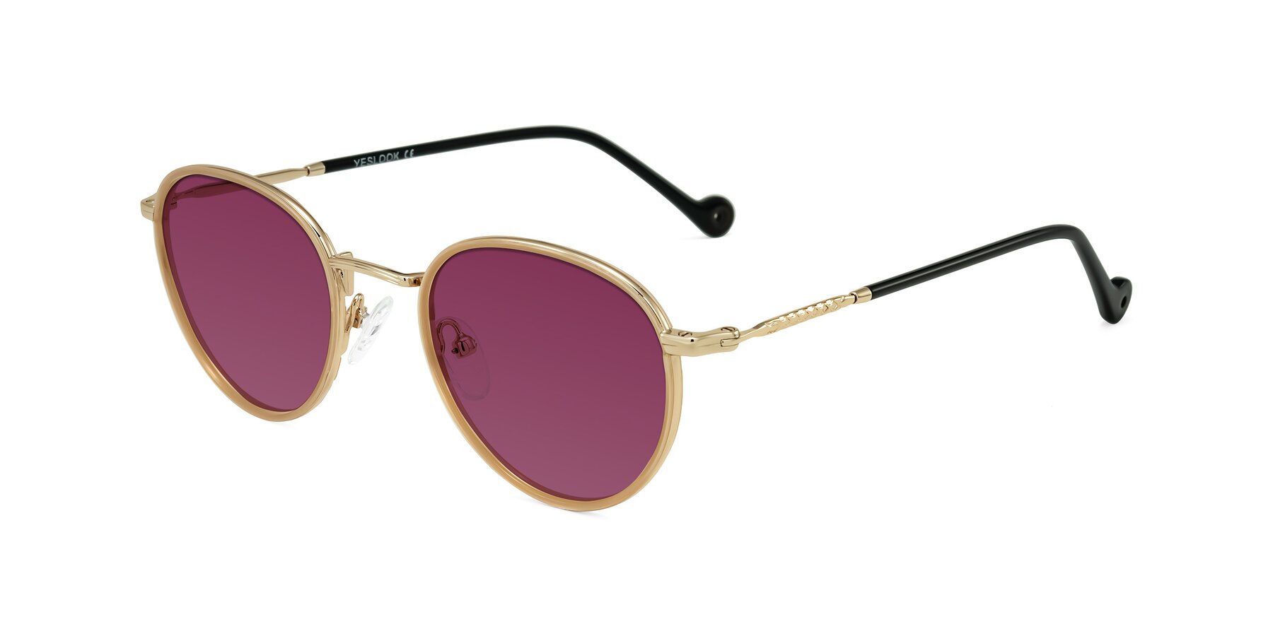 Angle of Hoosen in Beige/Gold with Wine Tinted Lenses