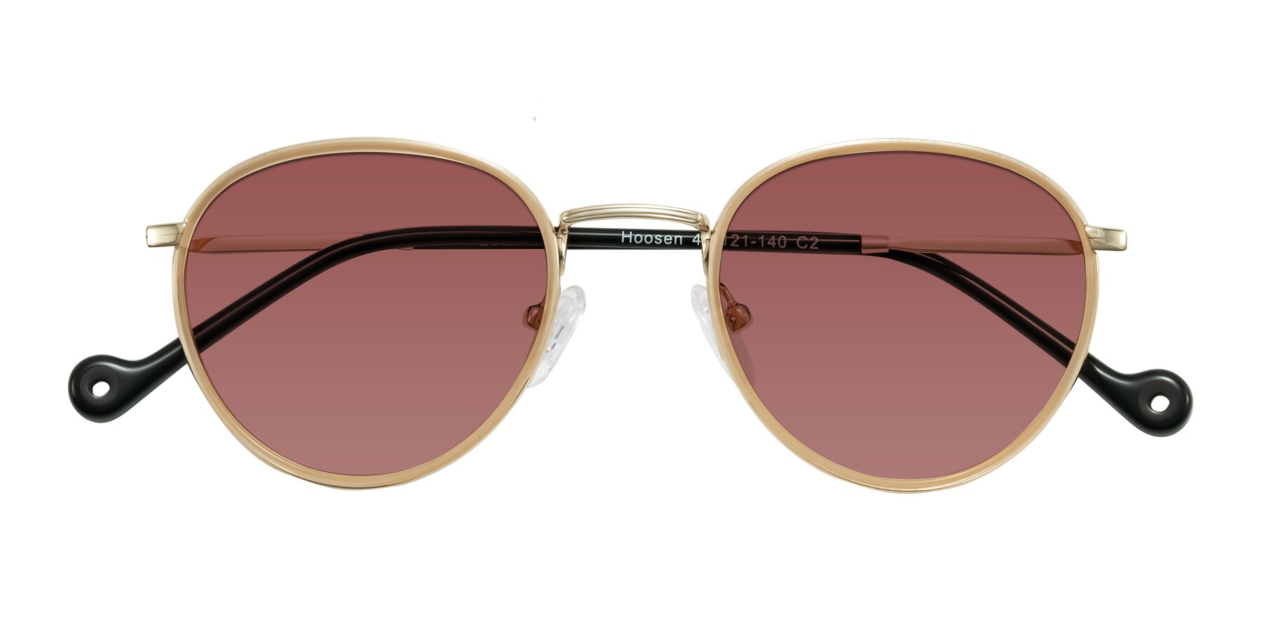 Folded Front of Hoosen in Beige/Gold with Garnet Tinted Lenses