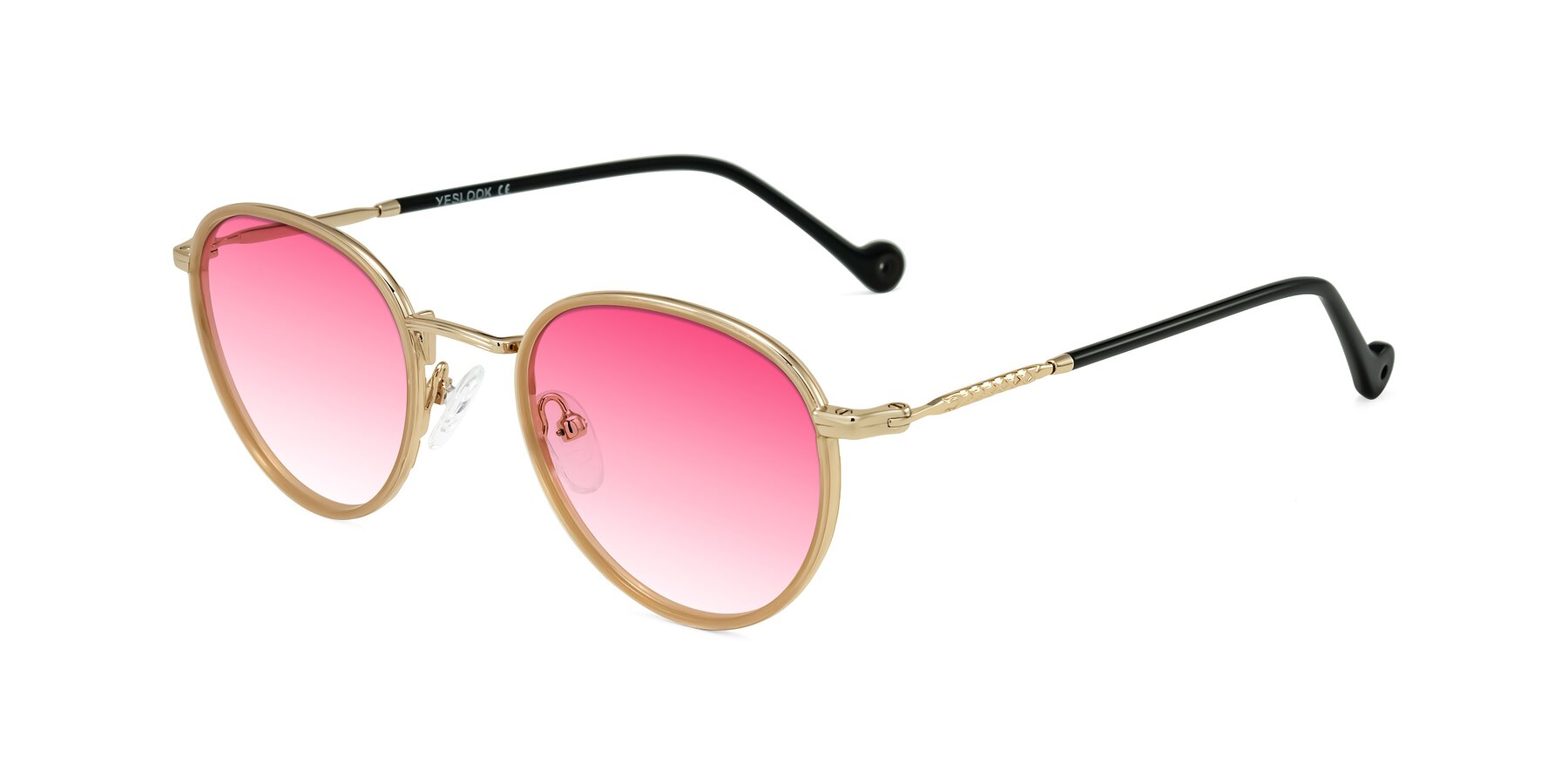 Angle of Hoosen in Beige/Gold with Pink Gradient Lenses