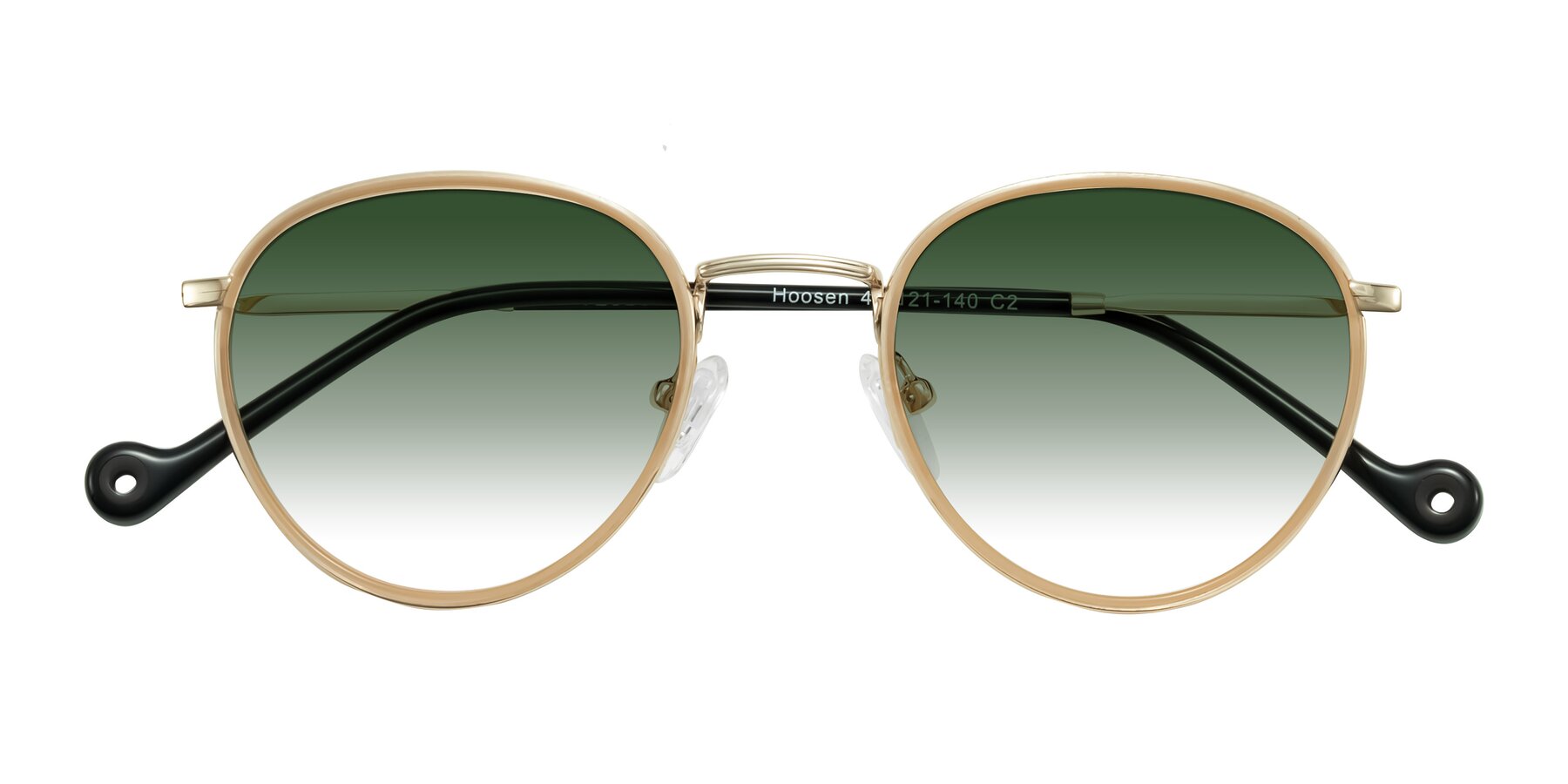 Folded Front of Hoosen in Beige/Gold with Green Gradient Lenses