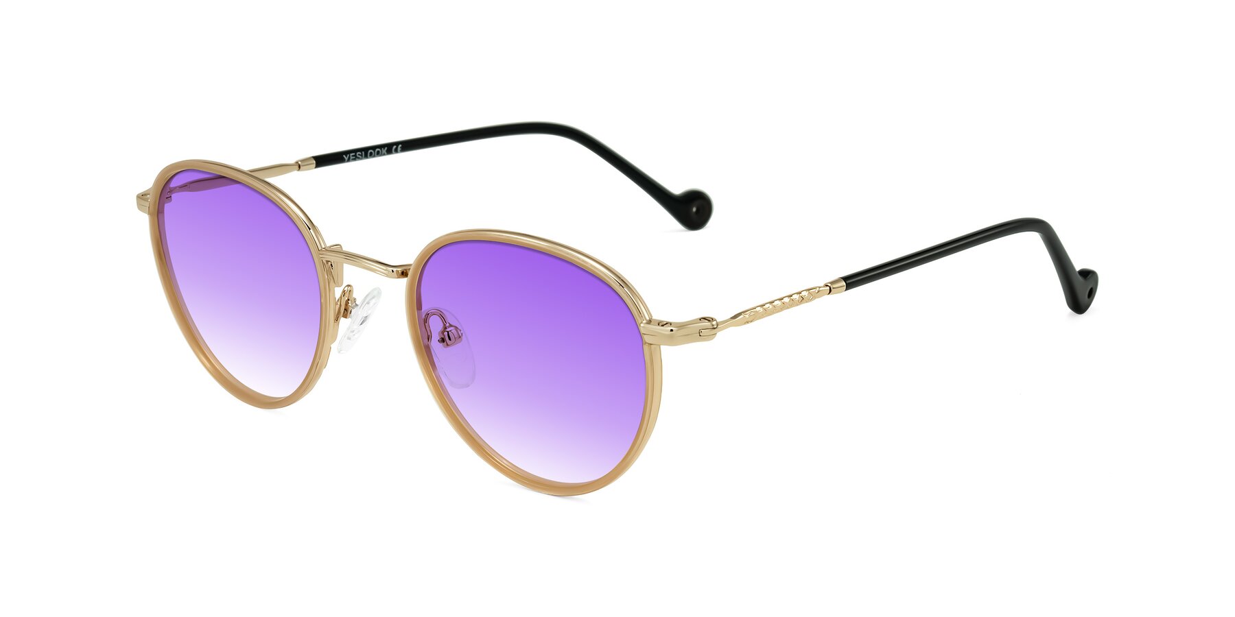 Angle of Hoosen in Beige/Gold with Purple Gradient Lenses