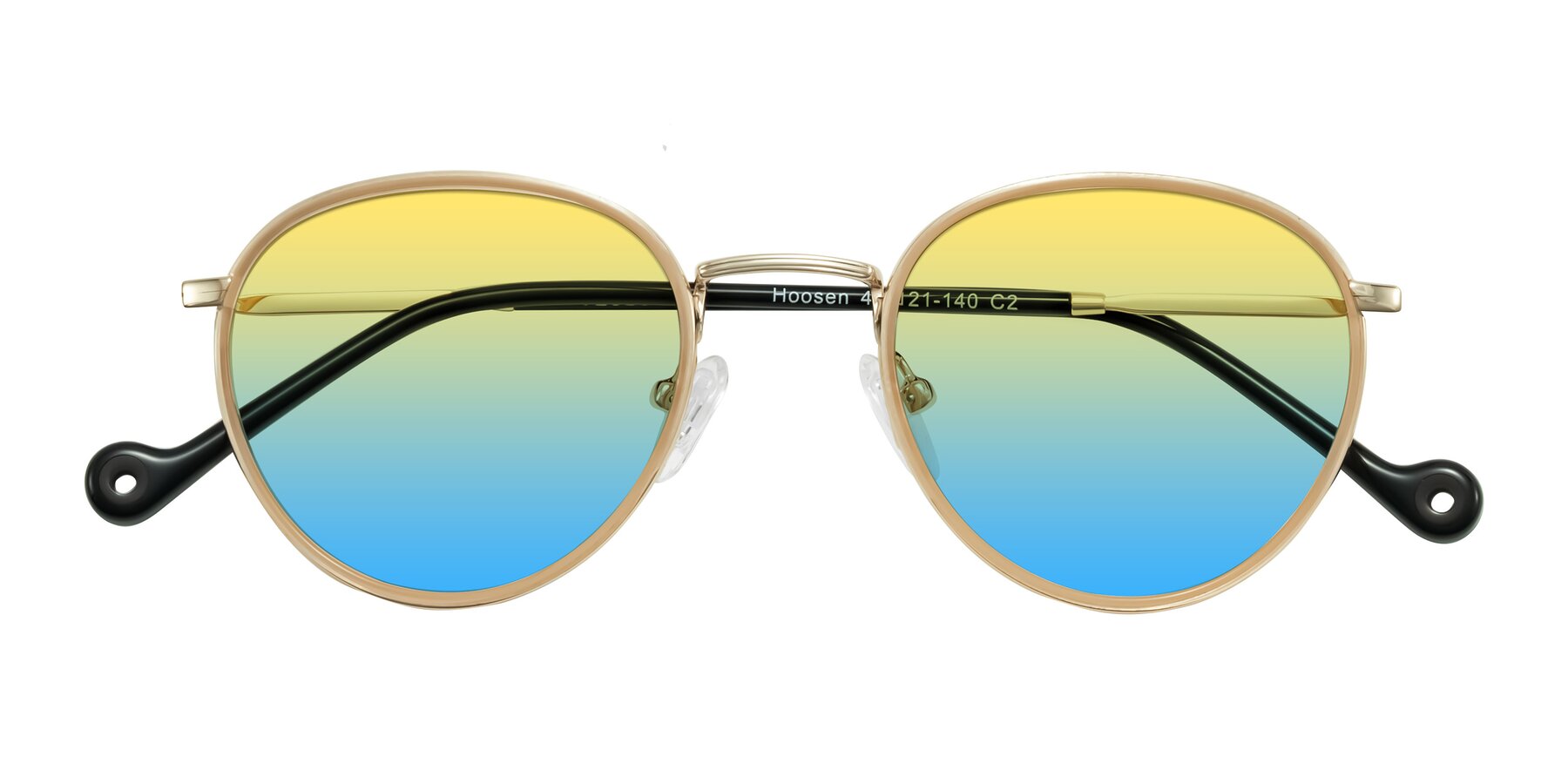 Folded Front of Hoosen in Beige/Gold with Yellow / Blue Gradient Lenses