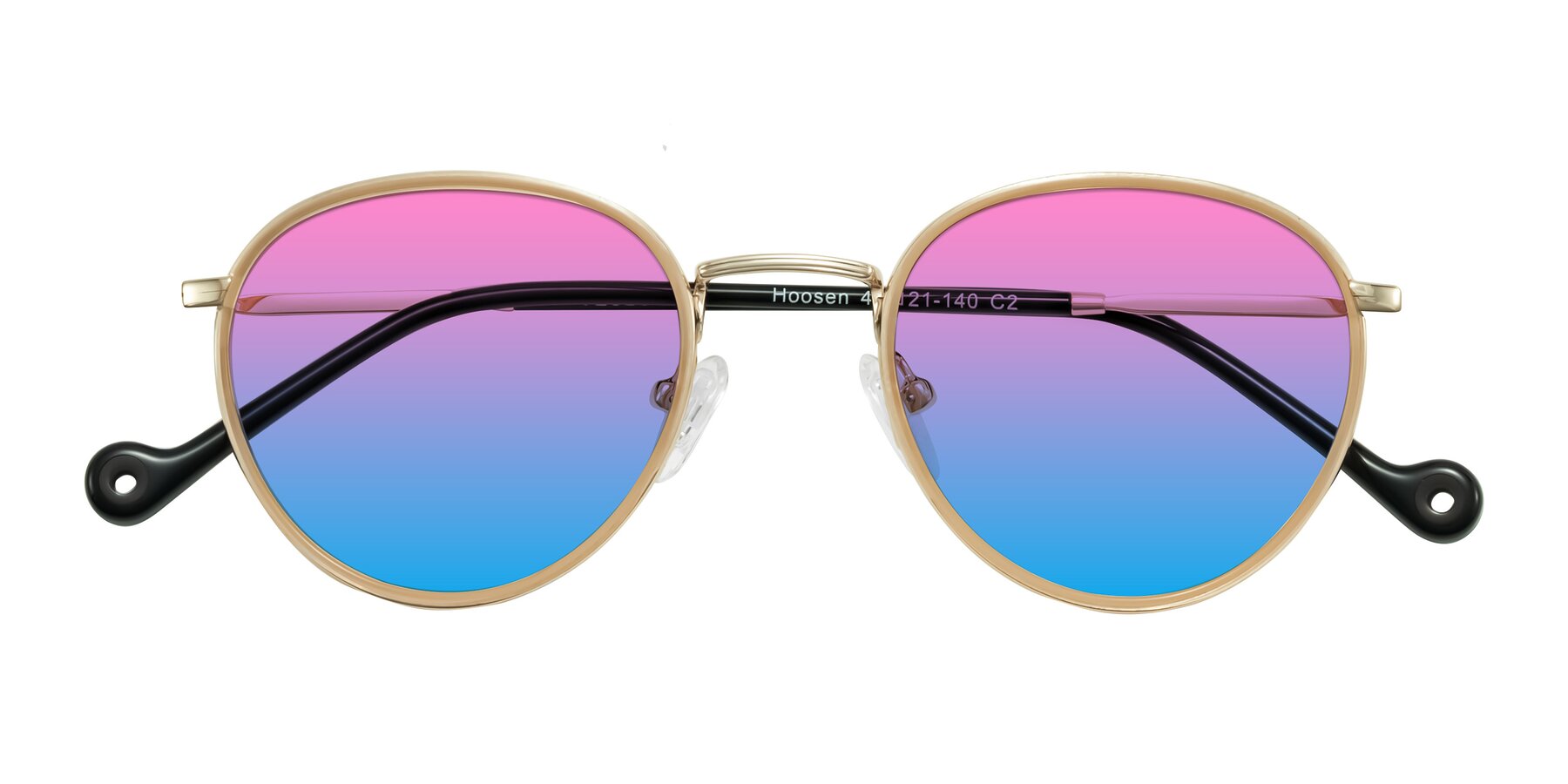 Folded Front of Hoosen in Beige/Gold with Pink / Blue Gradient Lenses
