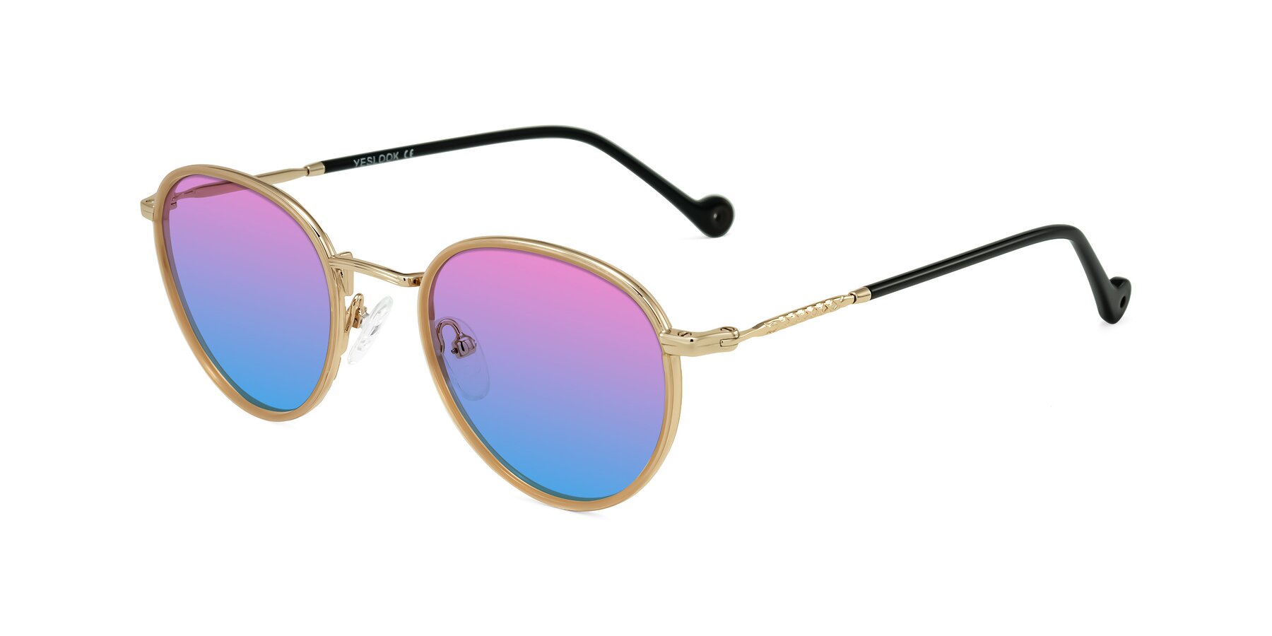 Angle of Hoosen in Beige/Gold with Pink / Blue Gradient Lenses