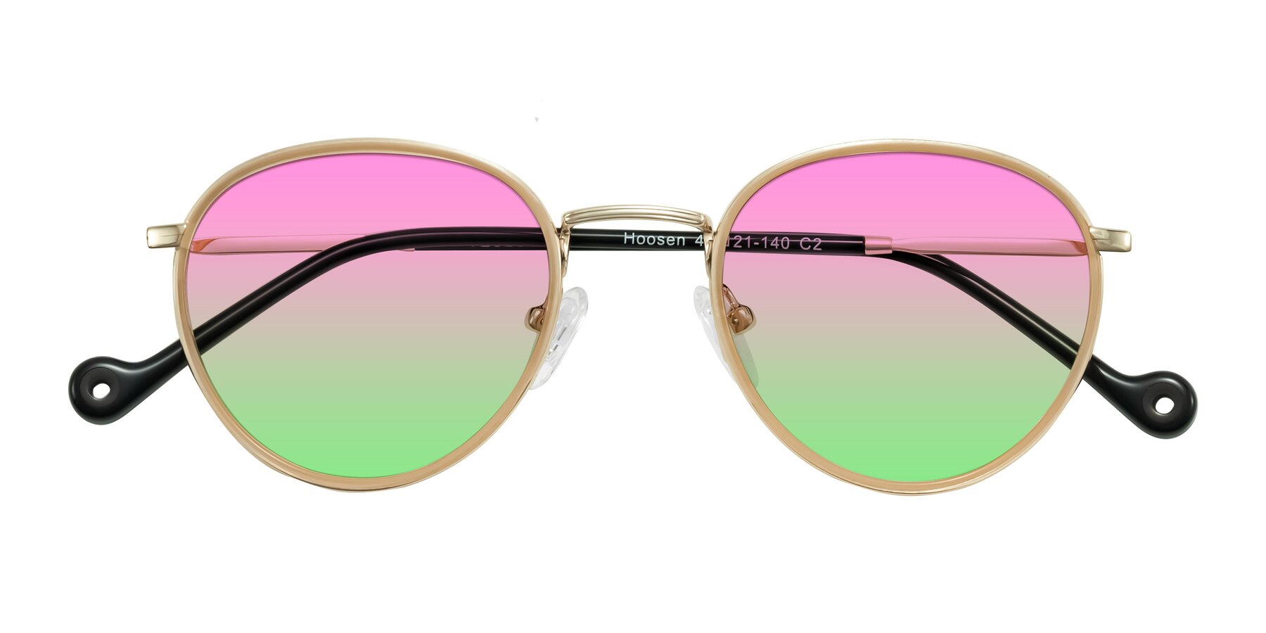 Folded Front of Hoosen in Beige/Gold with Pink / Green Gradient Lenses