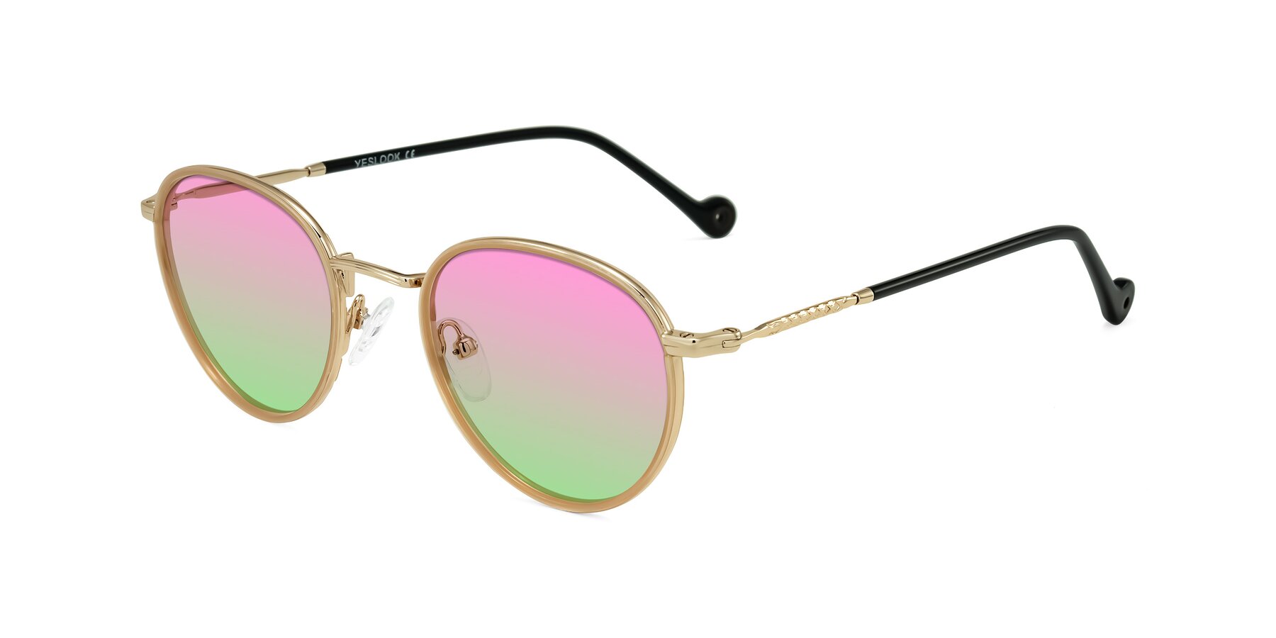 Angle of Hoosen in Beige/Gold with Pink / Green Gradient Lenses