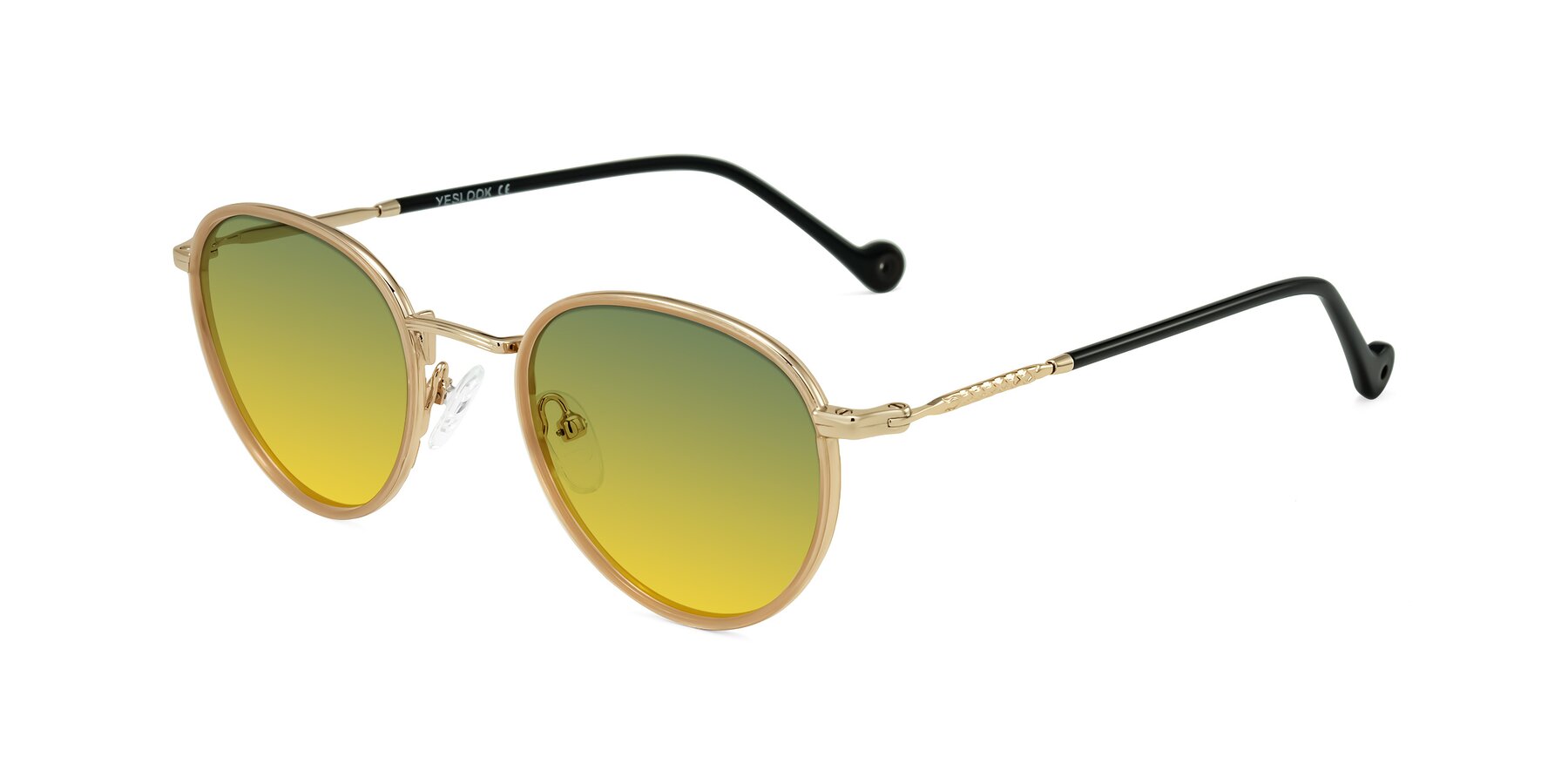 Angle of Hoosen in Beige/Gold with Green / Yellow Gradient Lenses