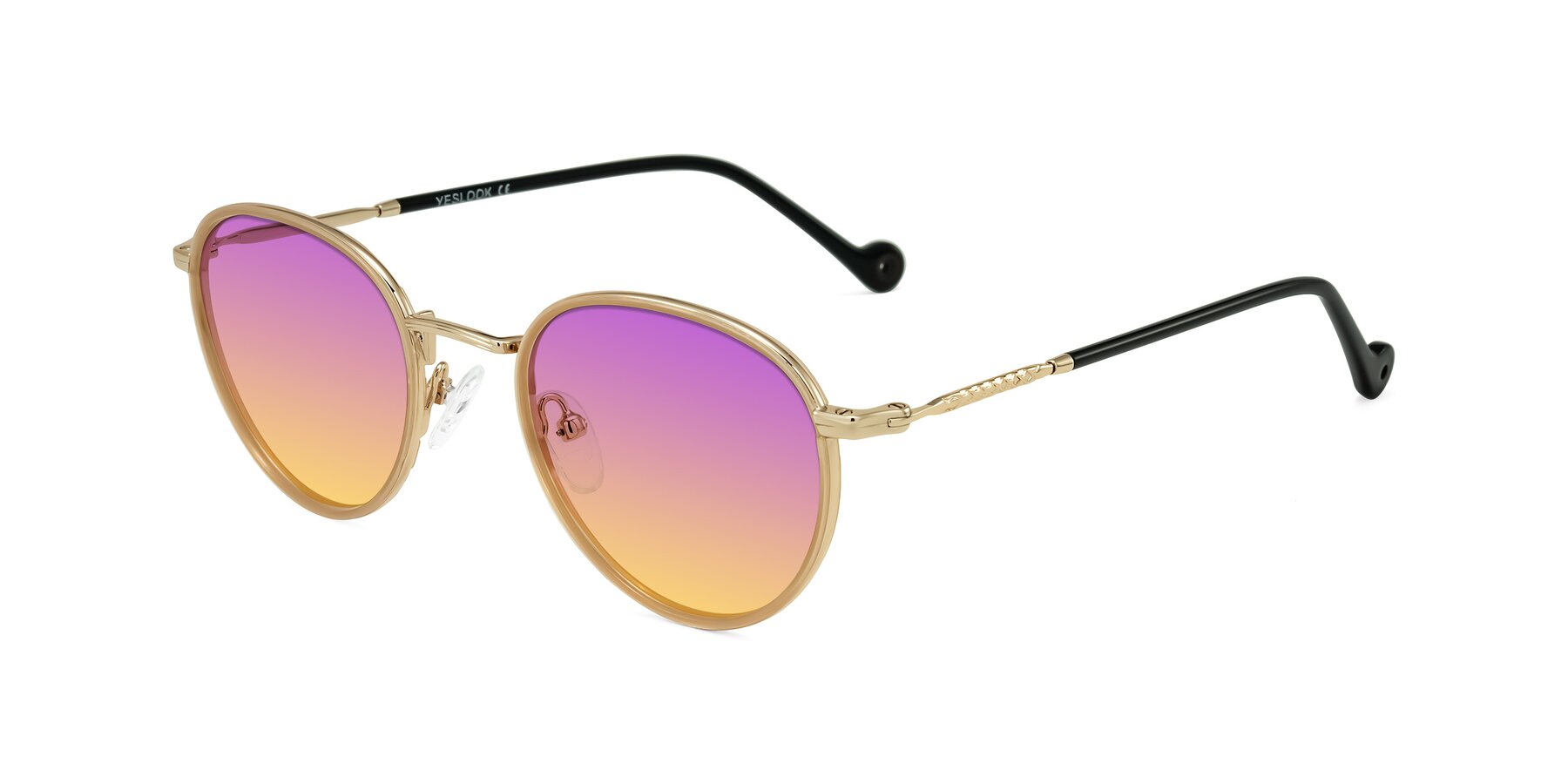 Angle of Hoosen in Beige/Gold with Purple / Yellow Gradient Lenses