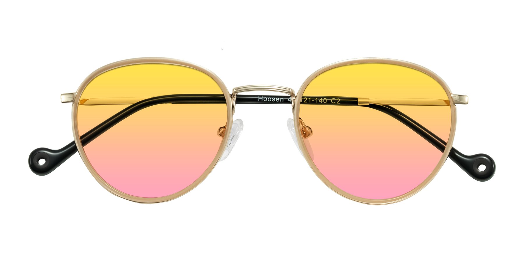 Folded Front of Hoosen in Beige/Gold with Yellow / Pink Gradient Lenses
