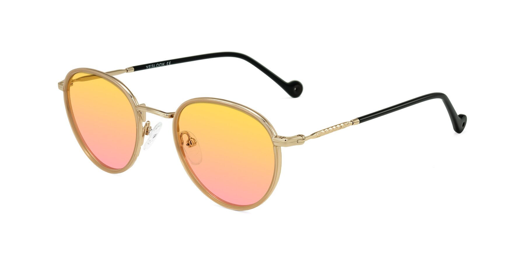 Angle of Hoosen in Beige/Gold with Yellow / Pink Gradient Lenses