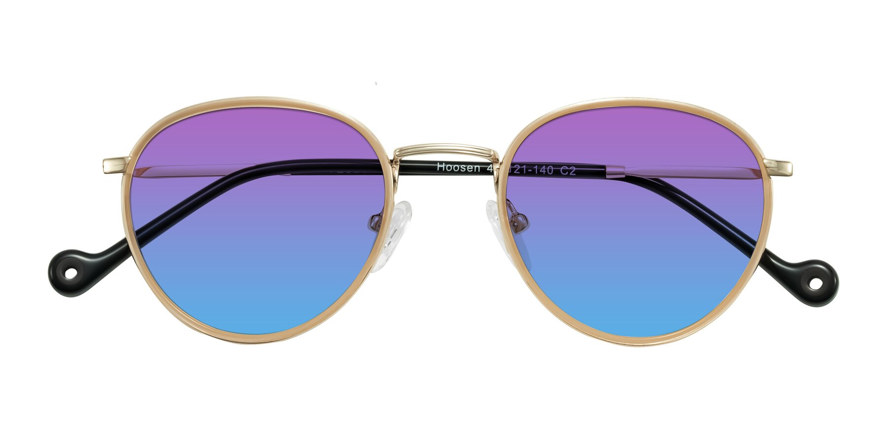 Folded Front of Hoosen in Beige/Gold with Purple / Blue Gradient Lenses