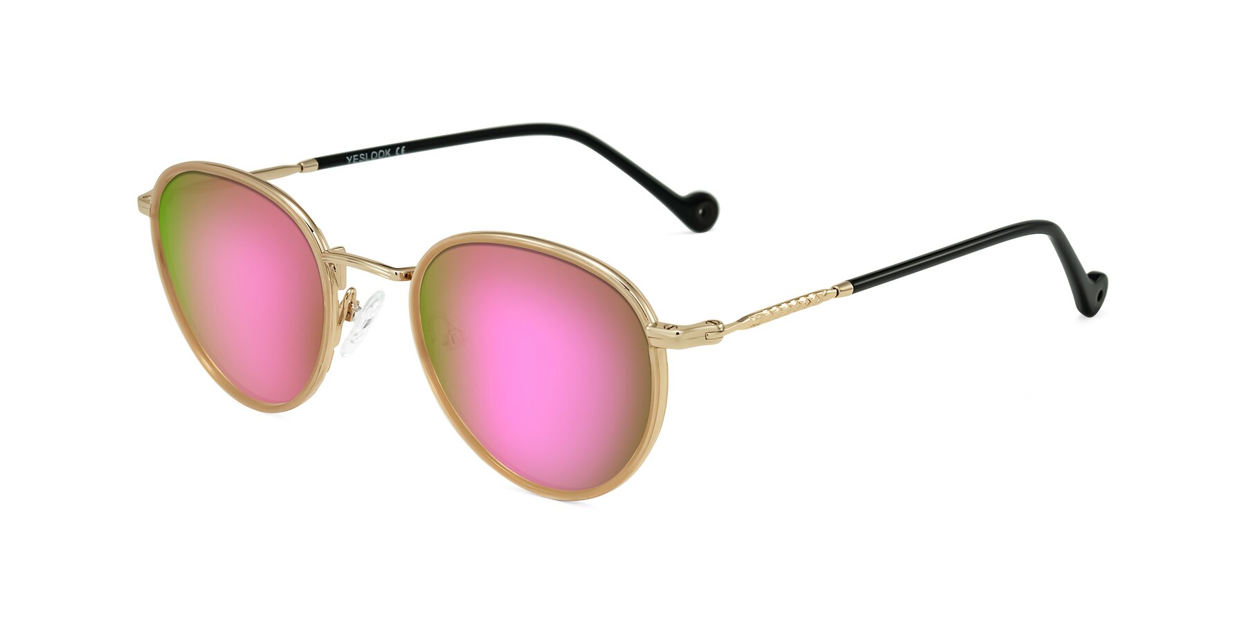 Angle of Hoosen in Beige/Gold with Pink Mirrored Lenses