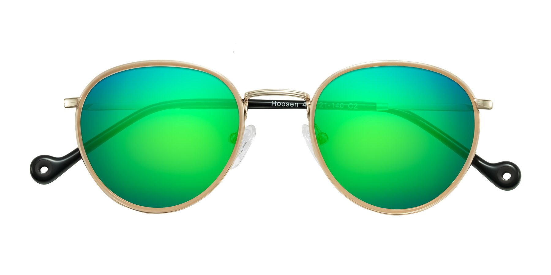 Folded Front of Hoosen in Beige/Gold with Green Mirrored Lenses