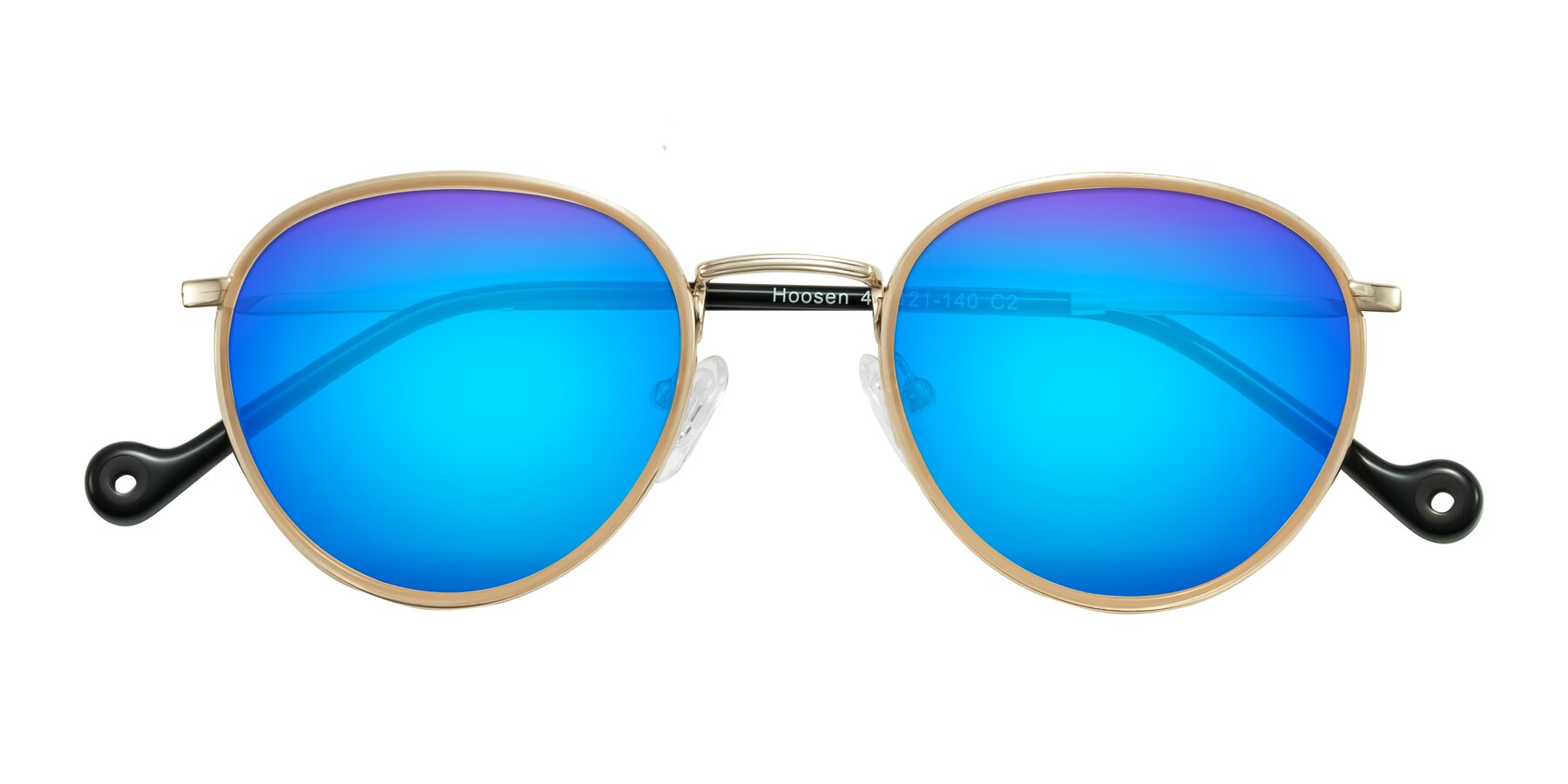 Folded Front of Hoosen in Beige/Gold with Blue Mirrored Lenses
