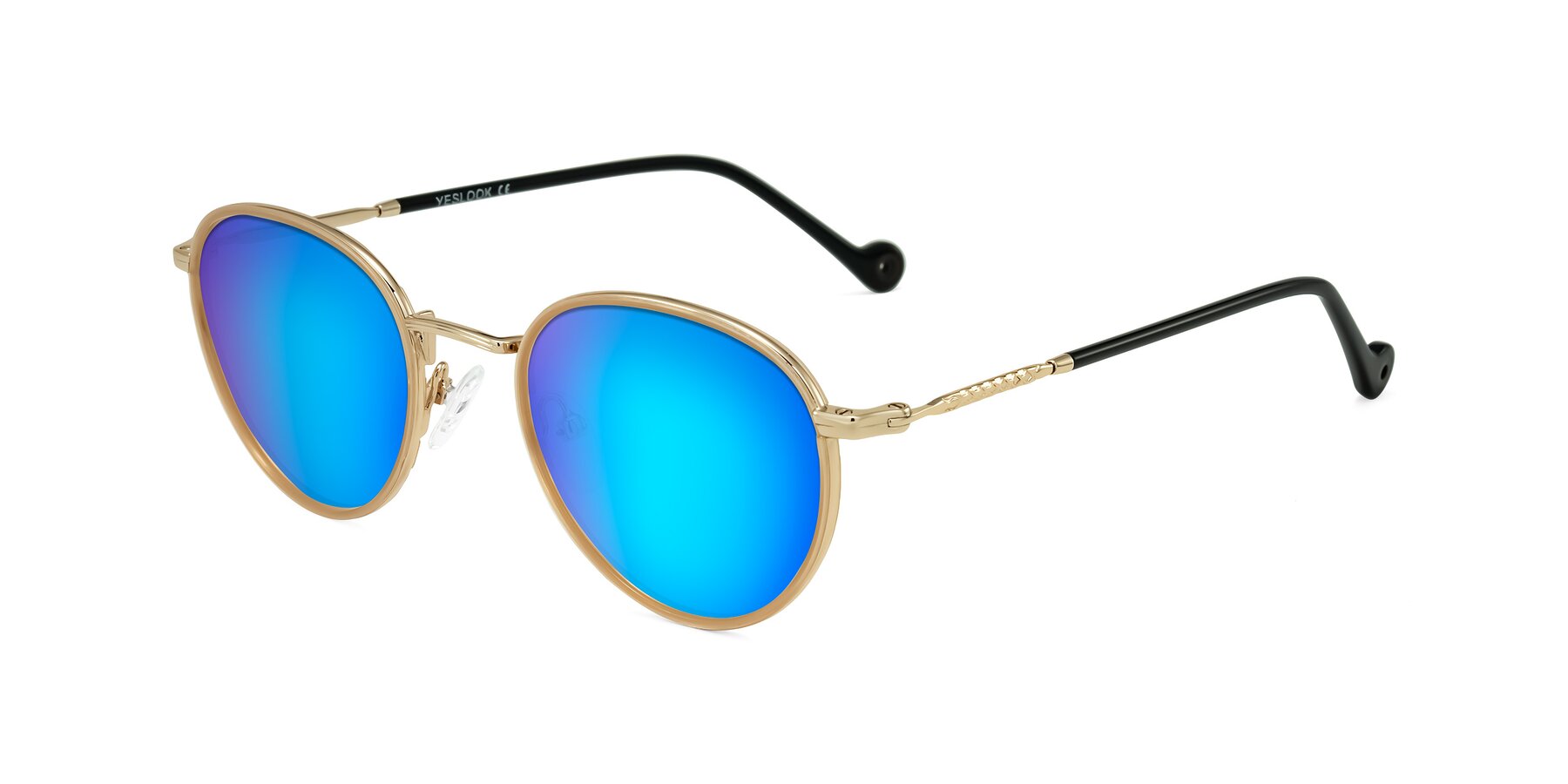 Angle of Hoosen in Beige/Gold with Blue Mirrored Lenses