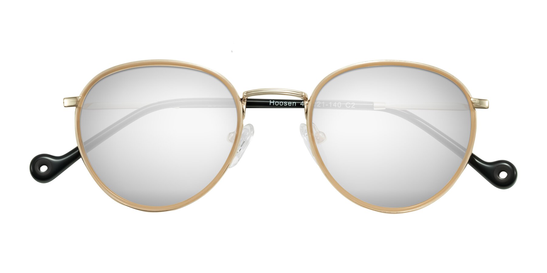 Folded Front of Hoosen in Beige/Gold with Silver Mirrored Lenses