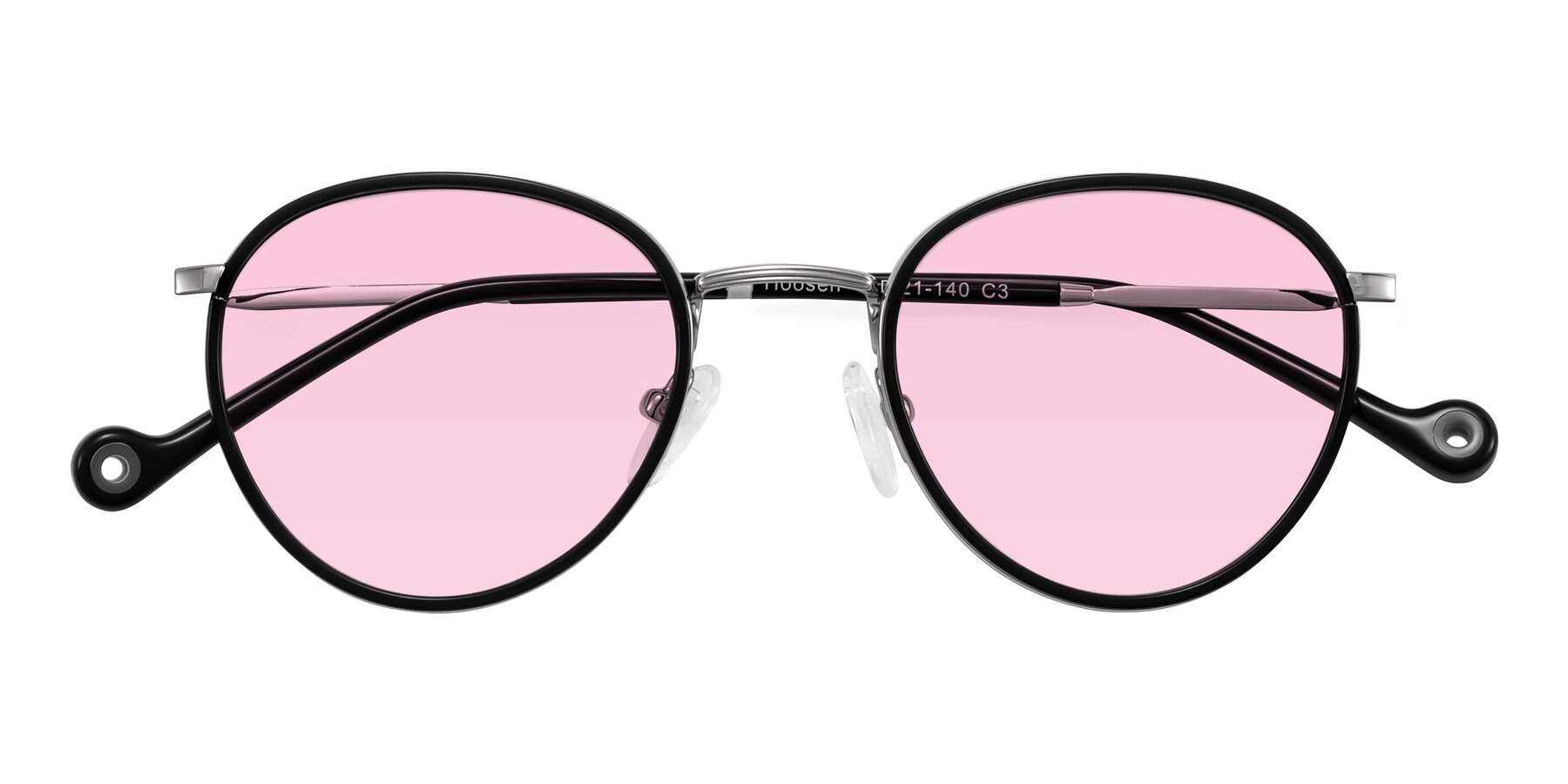 Folded Front of Hoosen in Black/Silver with Light Pink Tinted Lenses