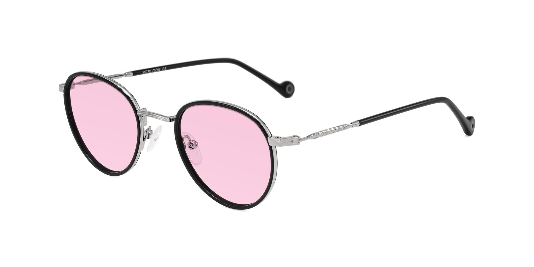 Angle of Hoosen in Black/Silver with Light Pink Tinted Lenses