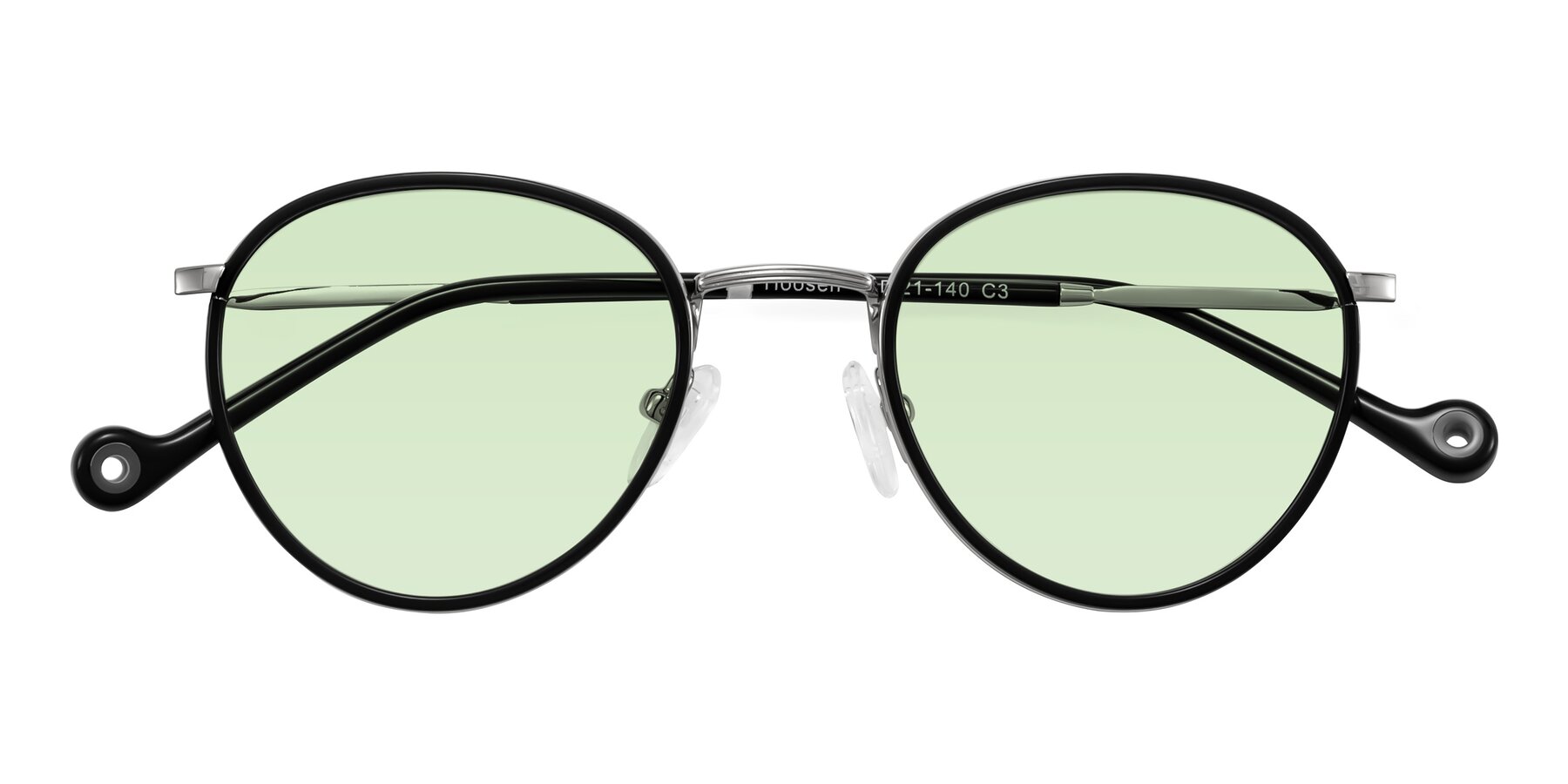 Folded Front of Hoosen in Black/Silver with Light Green Tinted Lenses
