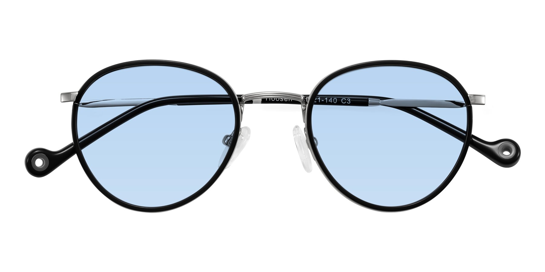 Folded Front of Hoosen in Black/Silver with Light Blue Tinted Lenses