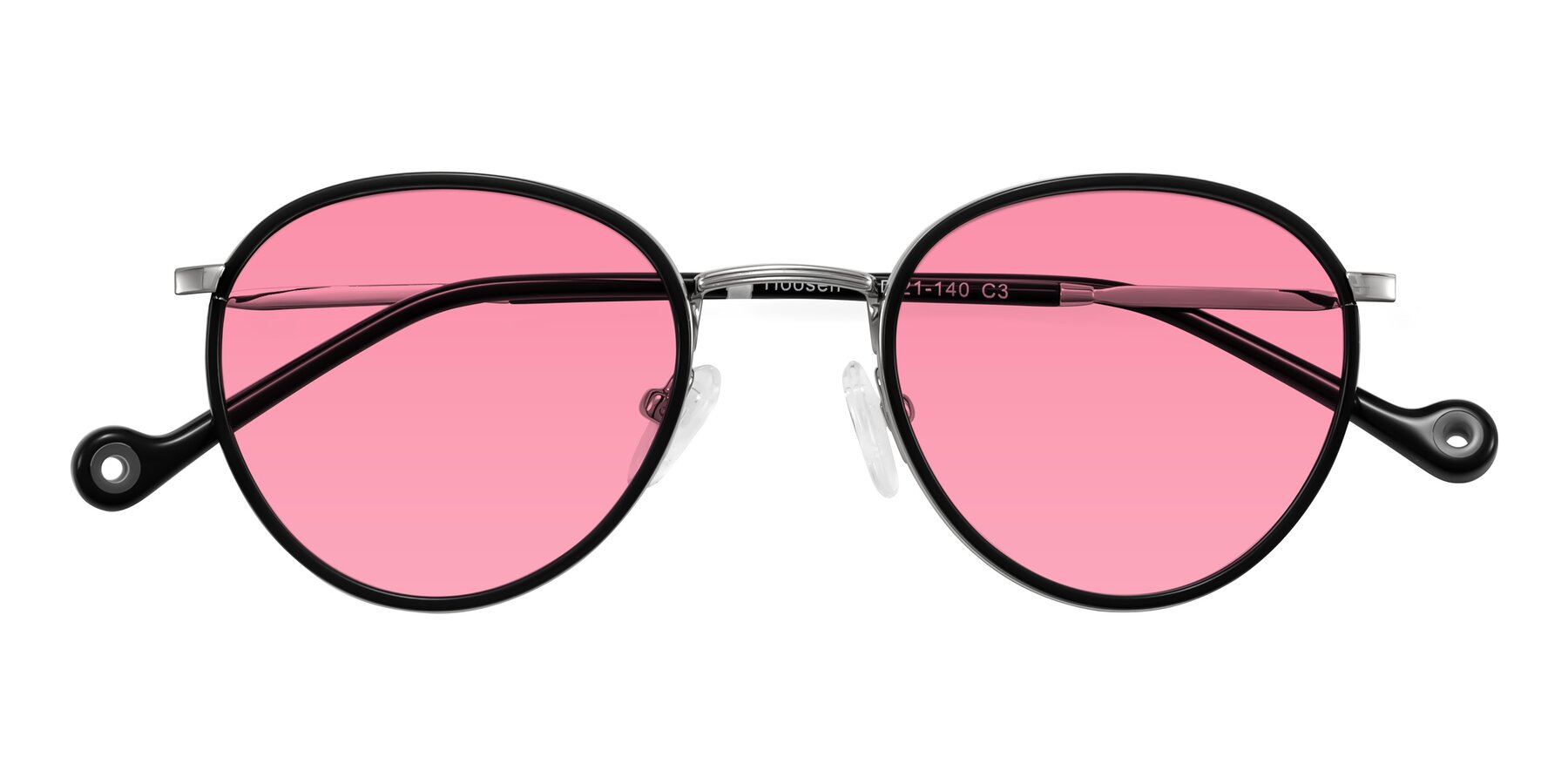 Folded Front of Hoosen in Black/Silver with Pink Tinted Lenses