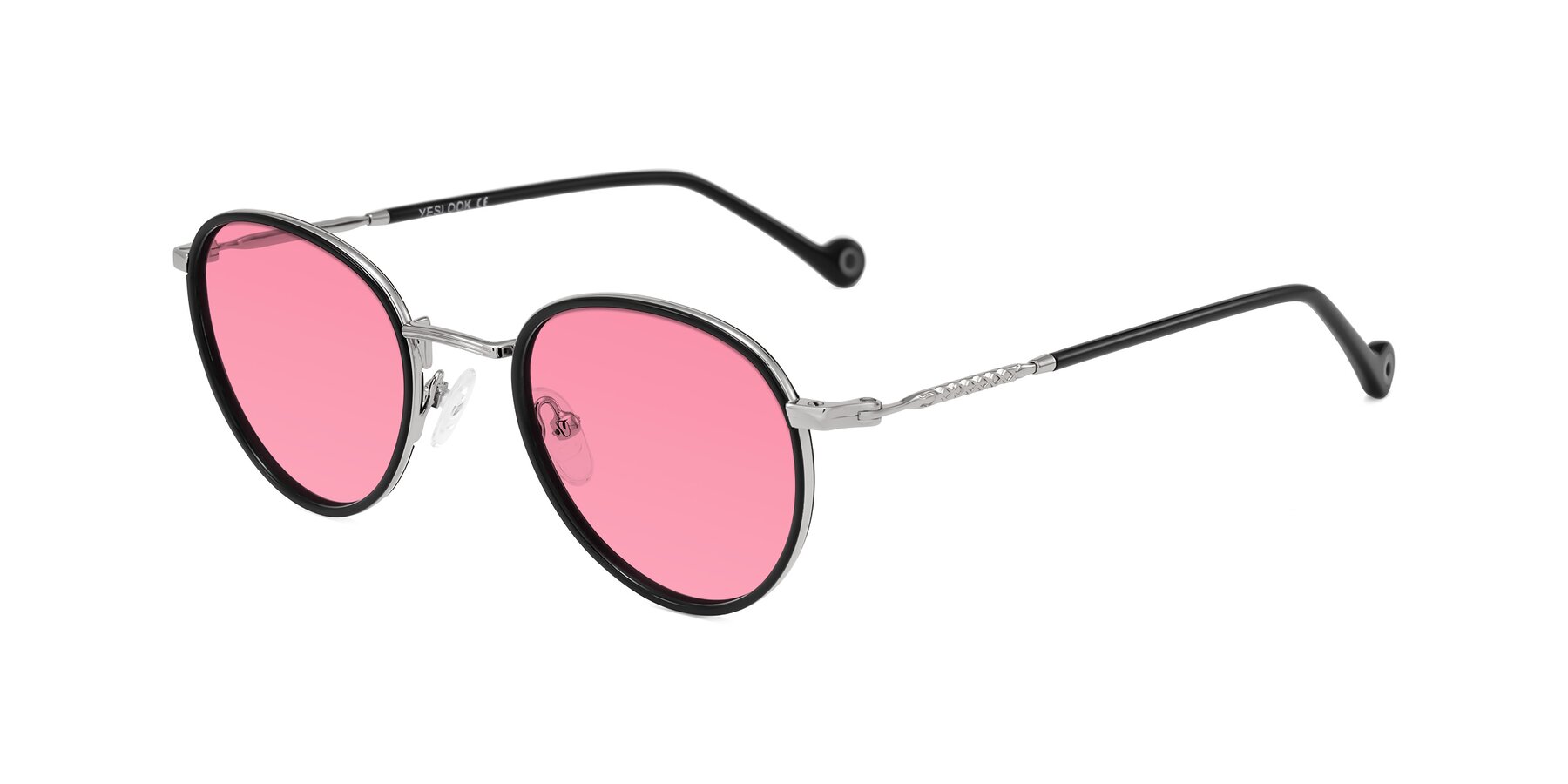 Angle of Hoosen in Black/Silver with Pink Tinted Lenses