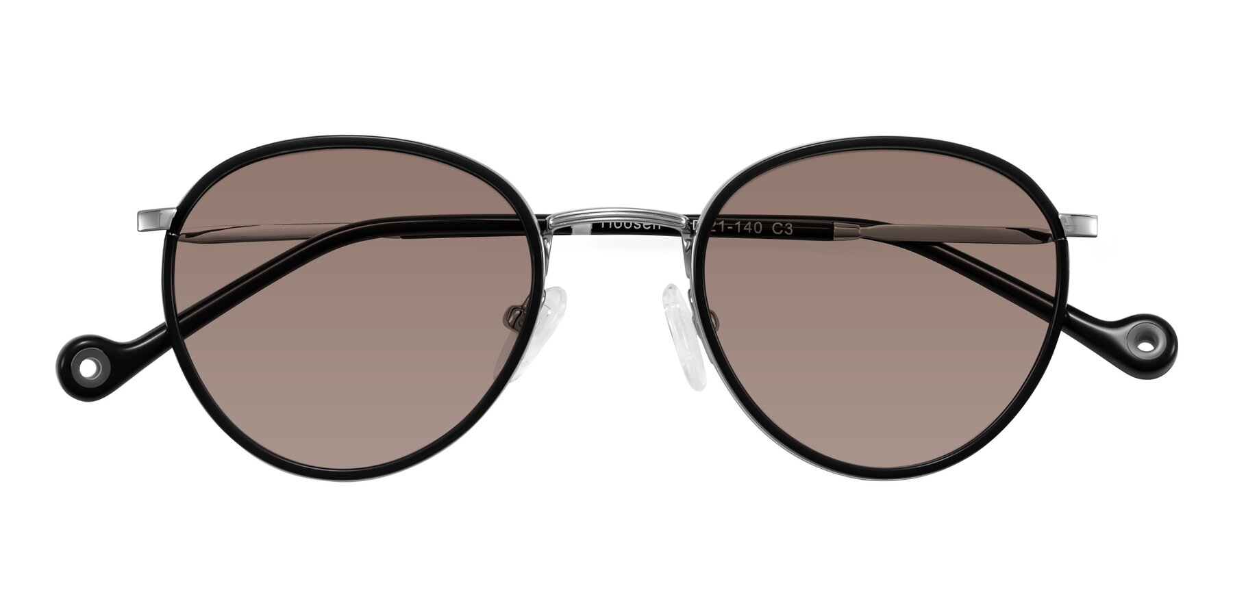Folded Front of Hoosen in Black/Silver with Medium Brown Tinted Lenses