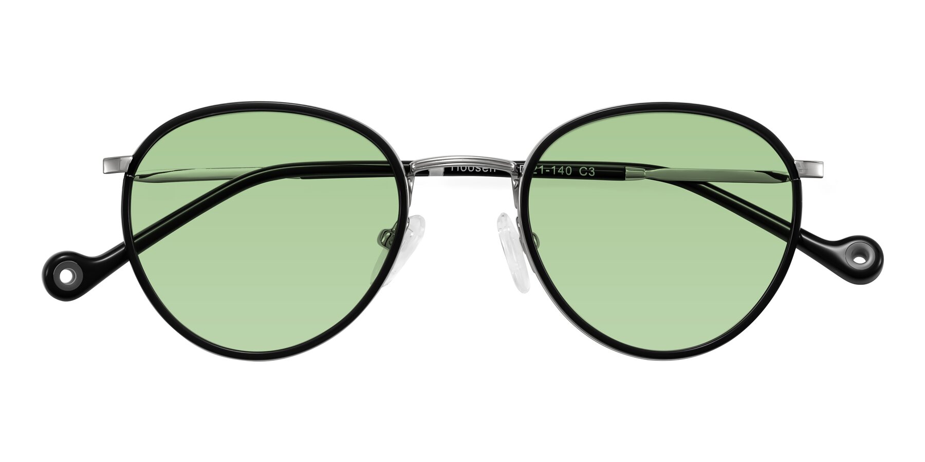Folded Front of Hoosen in Black/Silver with Medium Green Tinted Lenses