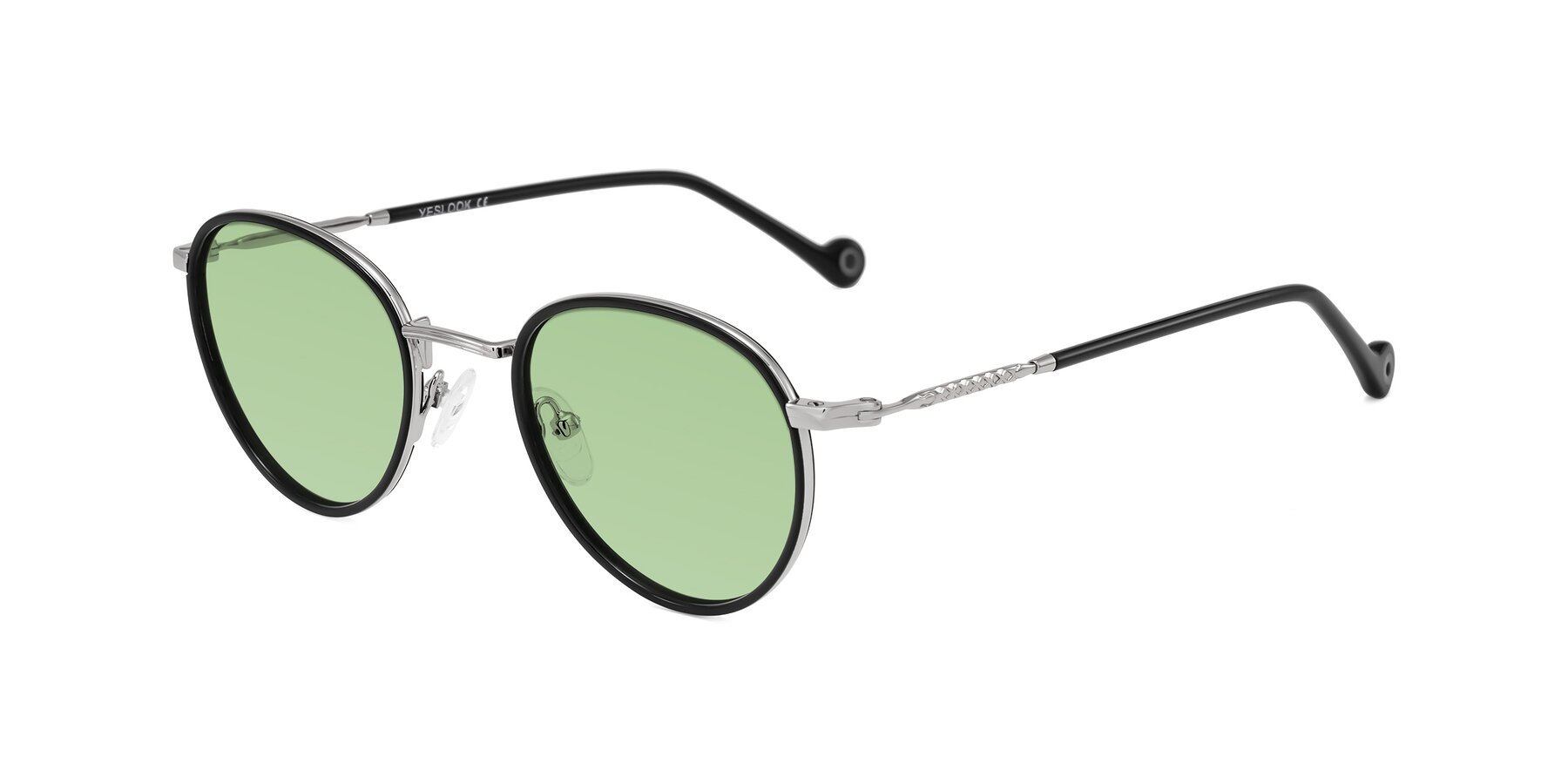 Angle of Hoosen in Black/Silver with Medium Green Tinted Lenses