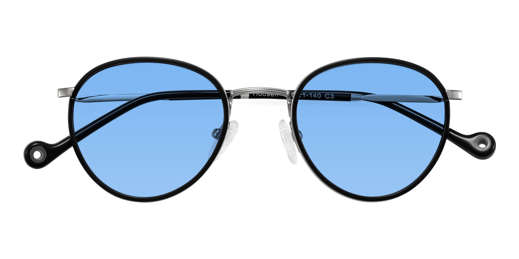 Folded Front of Hoosen in Black/Silver with Medium Blue Tinted Lenses