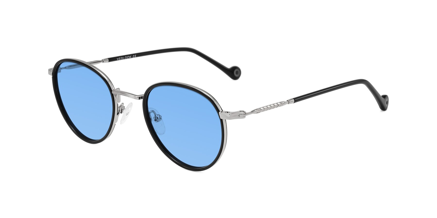 Angle of Hoosen in Black/Silver with Medium Blue Tinted Lenses