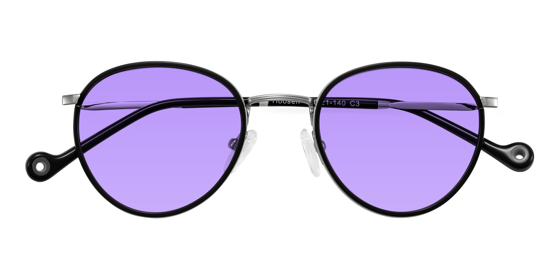 Folded Front of Hoosen in Black/Silver with Medium Purple Tinted Lenses