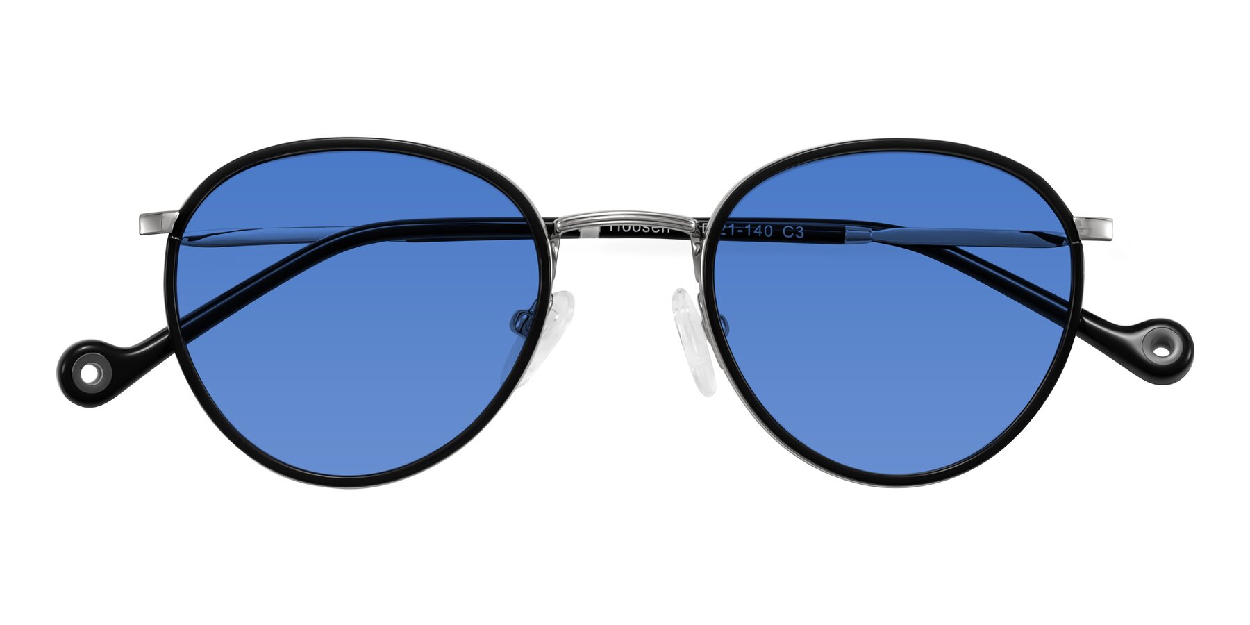 Folded Front of Hoosen in Black/Silver with Blue Tinted Lenses