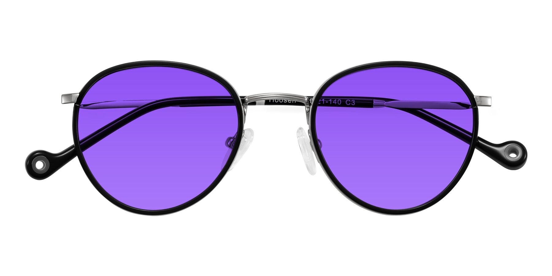 Folded Front of Hoosen in Black/Silver with Purple Tinted Lenses