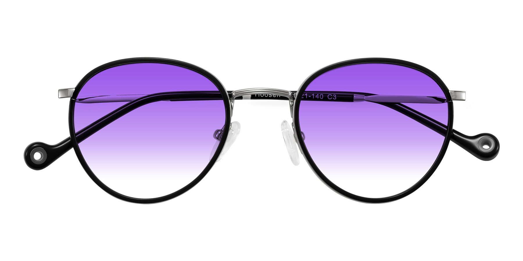 Folded Front of Hoosen in Black/Silver with Purple Gradient Lenses