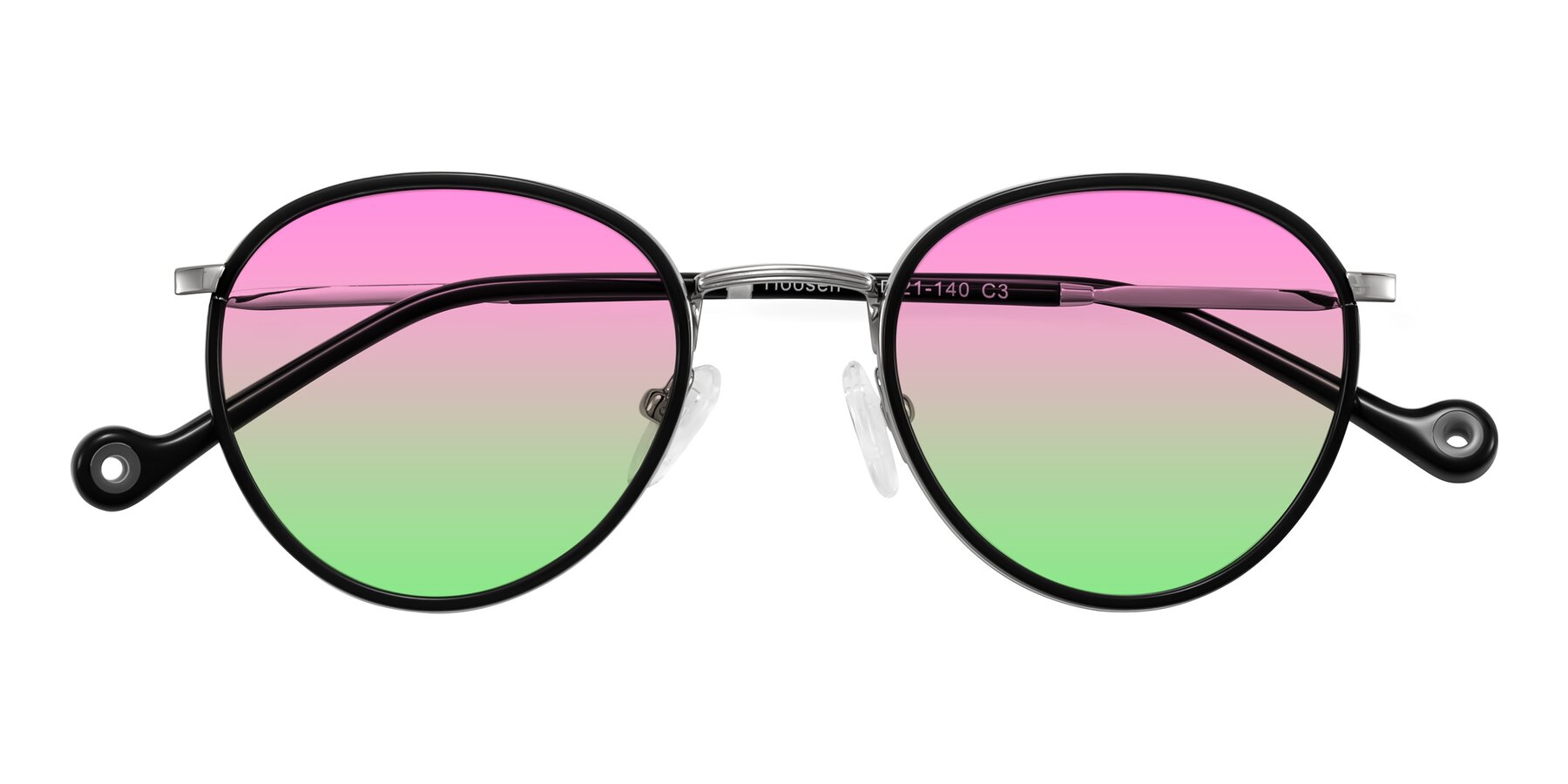 Folded Front of Hoosen in Black/Silver with Pink / Green Gradient Lenses