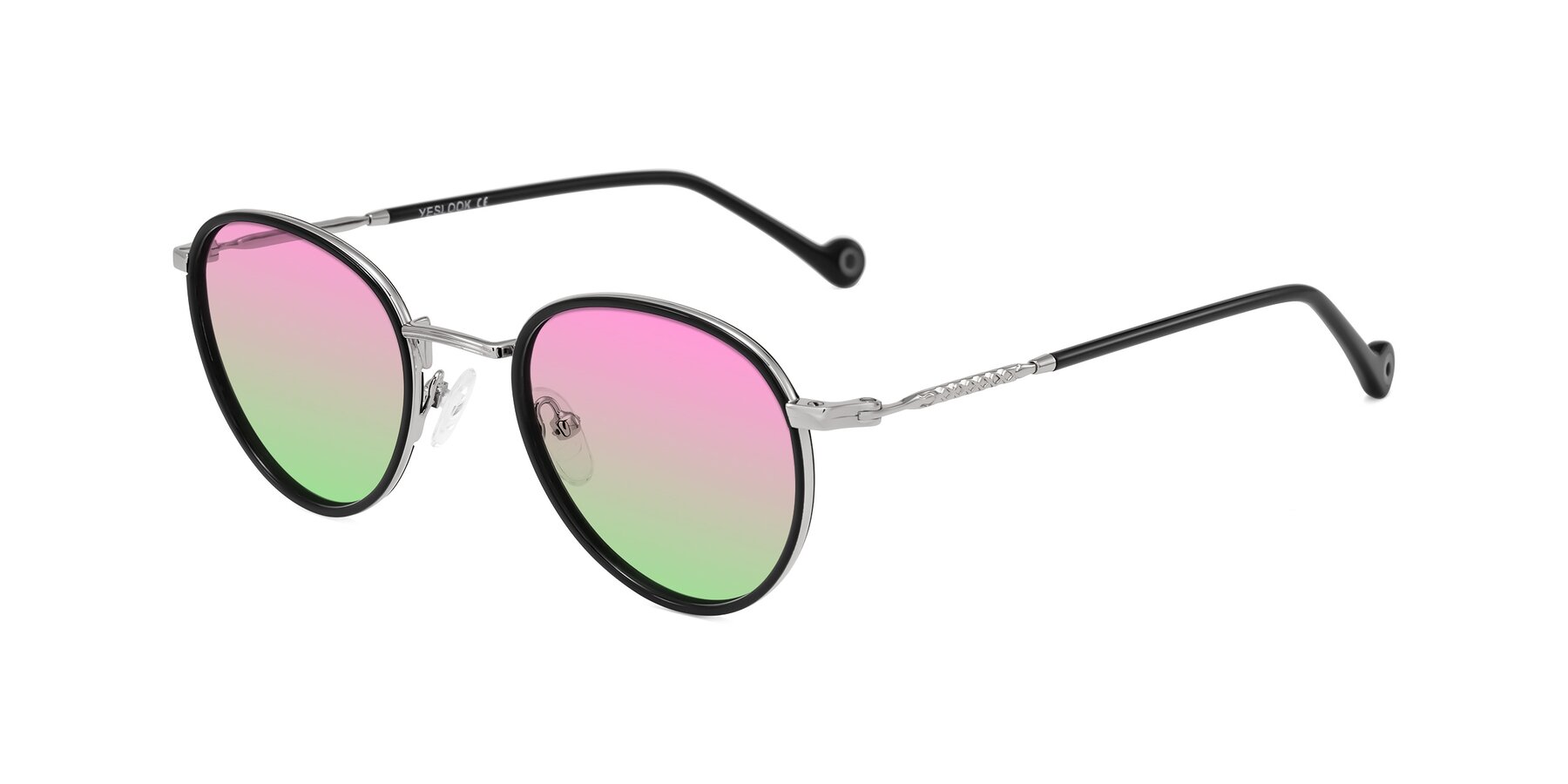 Angle of Hoosen in Black/Silver with Pink / Green Gradient Lenses