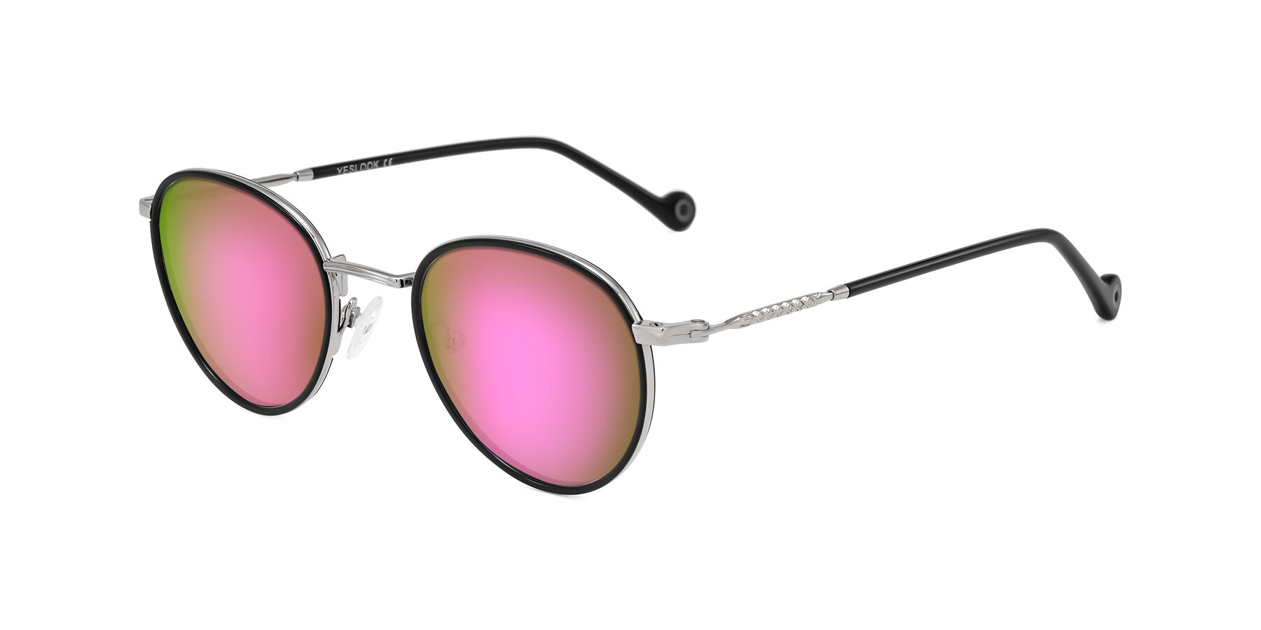 Angle of Hoosen in Black/Silver with Pink Mirrored Lenses