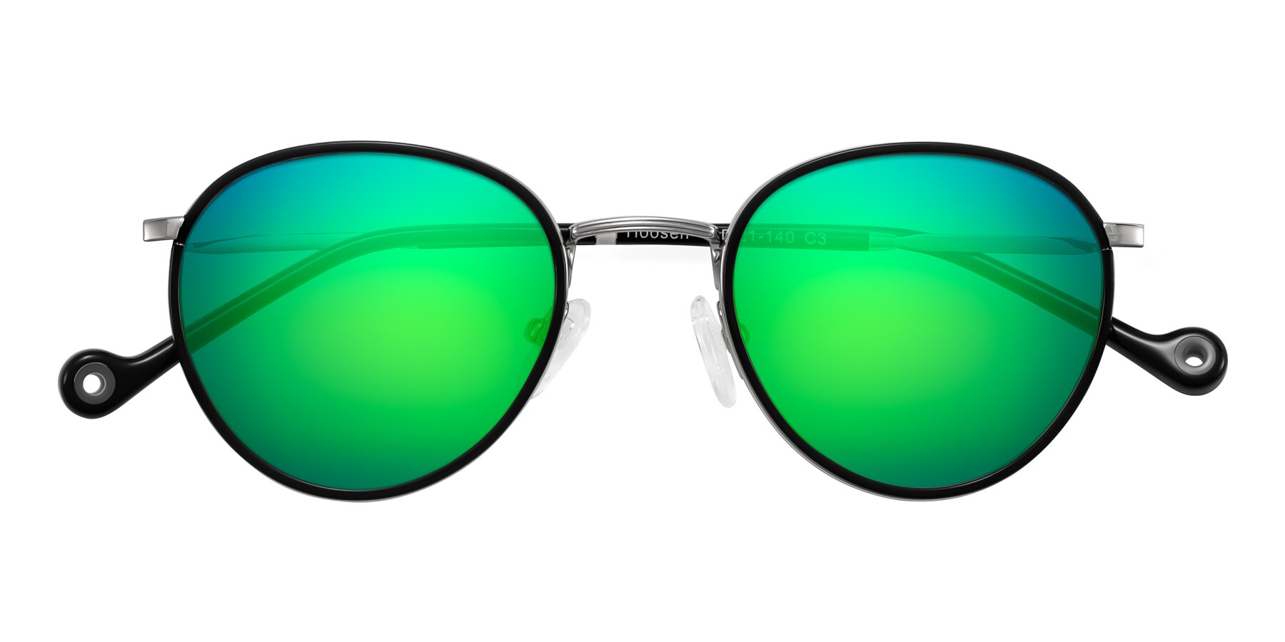 Folded Front of Hoosen in Black/Silver with Green Mirrored Lenses