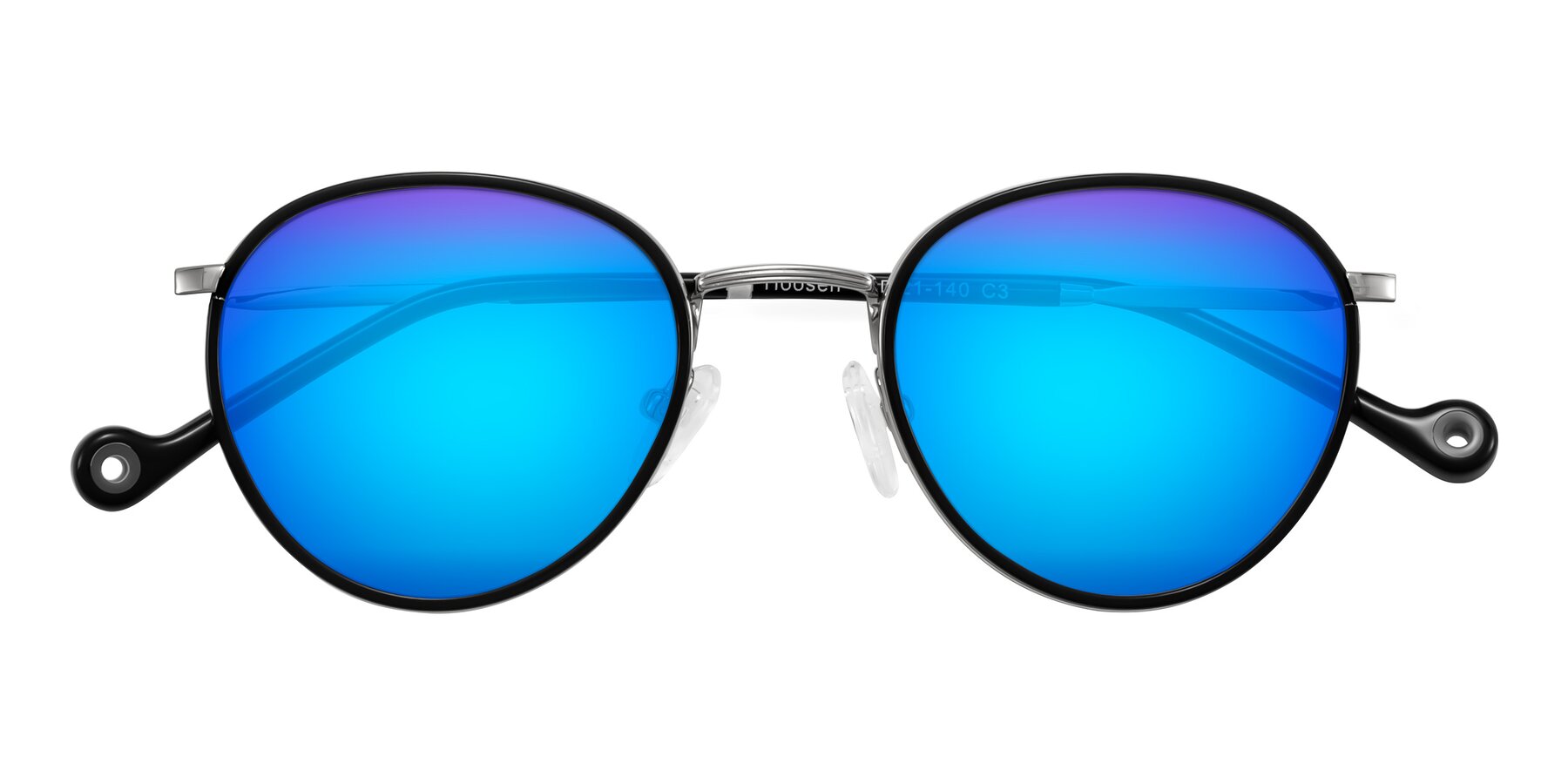 Folded Front of Hoosen in Black/Silver with Blue Mirrored Lenses