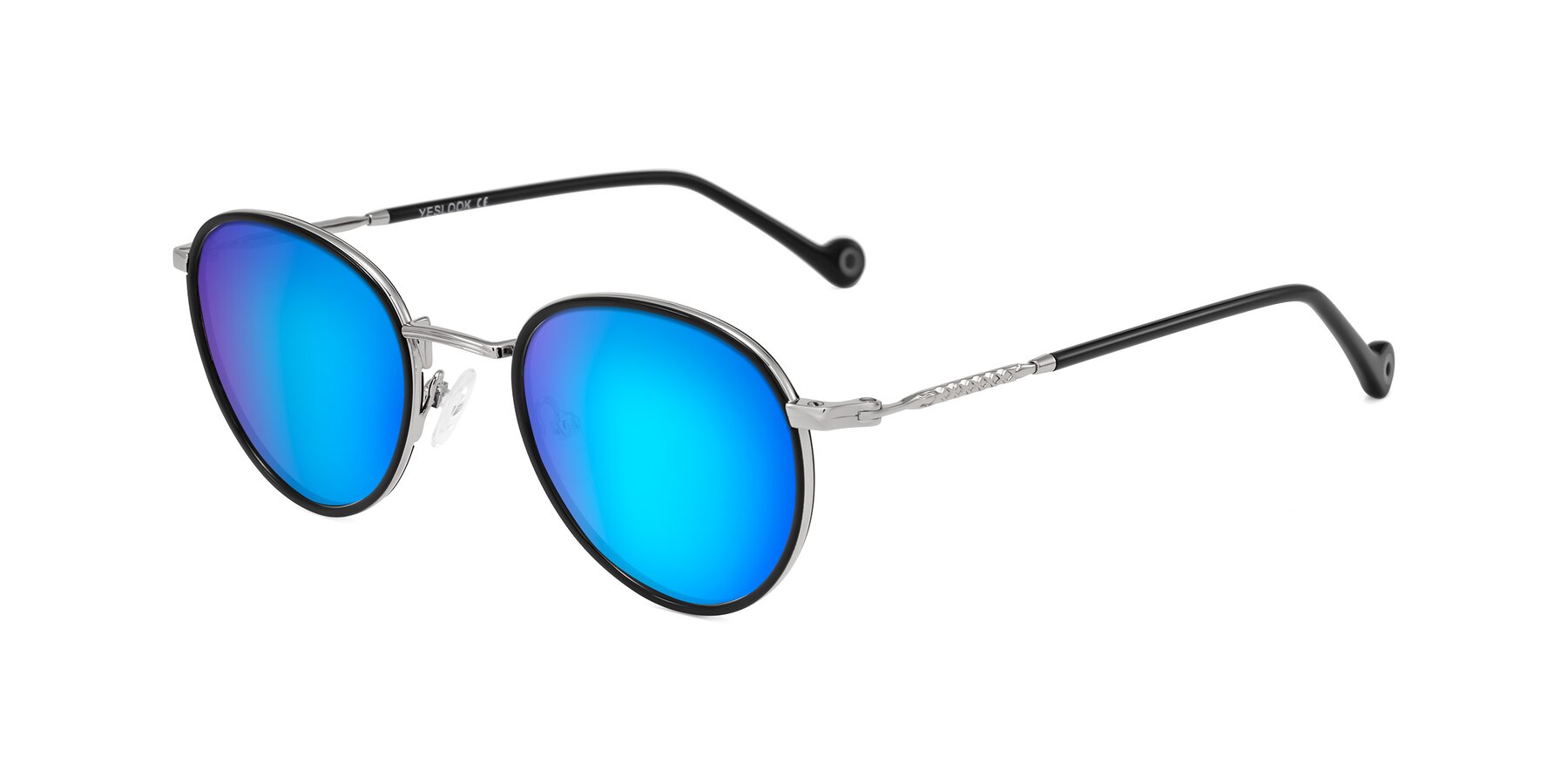 Angle of Hoosen in Black/Silver with Blue Mirrored Lenses